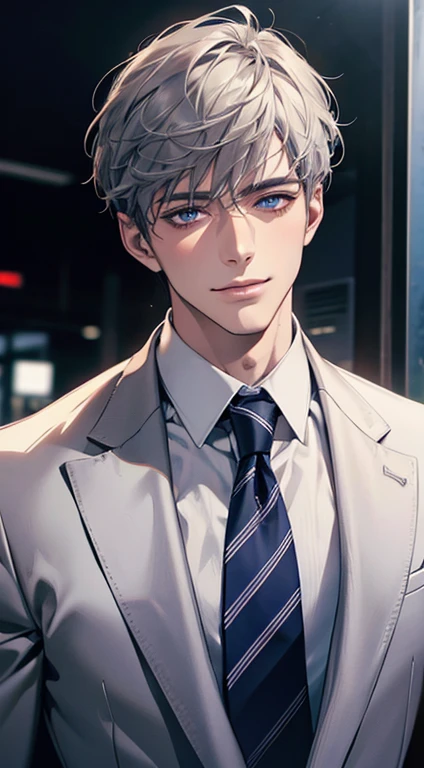 (Highest quality,4K,8K,High resolution,masterpiece:1.2),Super detailed,(Realistic,photoRealistic,photo-Realistic:1.37),1 person,31 years old,Mature Men,Beautiful skin、very handsome,Expressionless,smile,Short gray hair,blue eyes,Sharp Eyes,A perfect face without a doubt,Businessman,Office Background,Cinema Lighting,HDR image,tie、