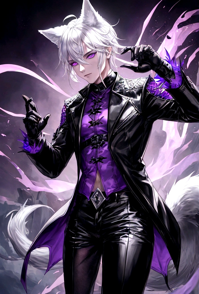 Man with white wolf ears and tail with black tips and violet eyes wearing mesh pants and a leather shirt and purple flames coming out of his hands   