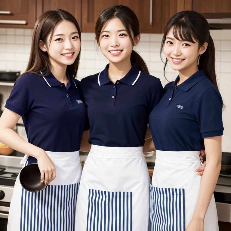 (Highest quality, Masterpiece: 1.3, Super Hi-Res), 3 Japanese women, 20 years old, in restaurant kitchen, navy blue polo shirt, striped apron, wearing uniforms, happy atmosphere, laughing, ((cooking)).