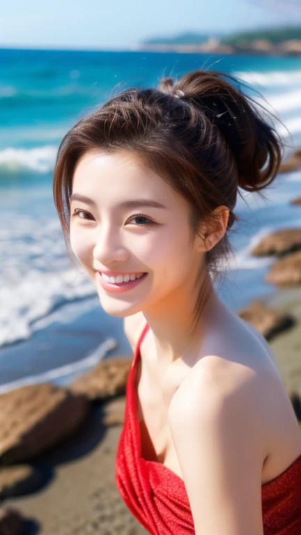 Highest quality、Japanese women、The most beautiful woman in the world、sexy、Brown Hair、Ponytail hairstyle、Small face、Beautiful skin、Ocean、beach、Large breasts、Red dress、A big smile