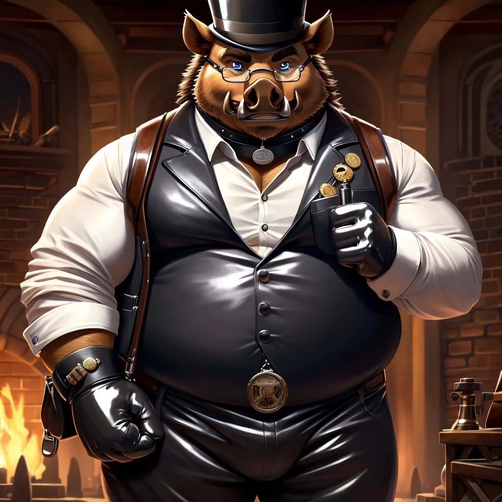 Solo, Male, fat, extremely obese, gentleman, dapper Professor Boar, blue eyes, (posing:1.3), (soft shading), 4k, hi res, ((detailed face, detailed)), looking at viewer, evil grin, steampunk, collared shirt with buttons, top hat, male focus, Explorer Outfit, glasses, monocle, bag, vest with buttons, backpack, sleeves rolled up, round eyewear, brown headwear, brown vest, Boar is wearing a glossy leather dog collar around the neck, Boar is wearing the leather collar and shirt and vest at the same time, Boar is wearing glossy white rubber gloves on the hands, wearing white rubber gloves on the feet, Boar is wearing glossy white cuffs around the wrists with cufflinks, gloves are rubber in texture, clenching teeth, clenching fists, leather collar is glossy and shiny with a lot of detail, Boar is wearing gloves and cuffs and cufflinks at the same time, leather collar has a round dog-tag, leather collar is thick and detailed.