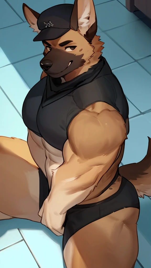 By bebebebebe, by lostgoose, by goonie-san, solo, ((snout, ears)), canine, ( German Shepherd ), male, smirking, (bodybuilder, muscular), only Black Underwear and Black Bandana And Black Cap, Showing fur Body, his a 5 inches and 13cm size Furry, Behind him a floor