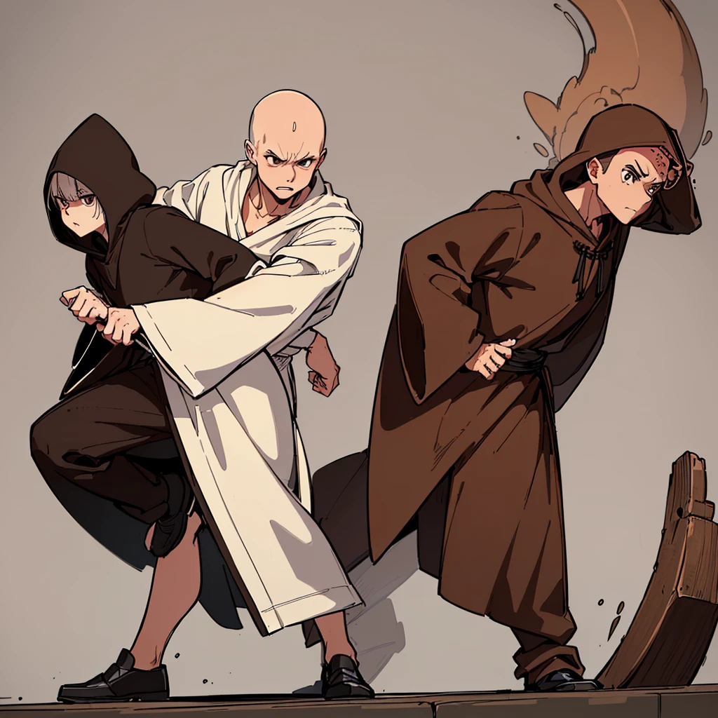 (Full body character concept)、((((behindから、behind姿、behind))))、(((Wear a brown hood)))、(((Long sleeve、Brown robes、pants、Black shoes)))、Best illustrations、Best Quality、(23 years old)、Medieval Fantasy、Fighting stance、(White background)、(No hair、bald、Skinhead)