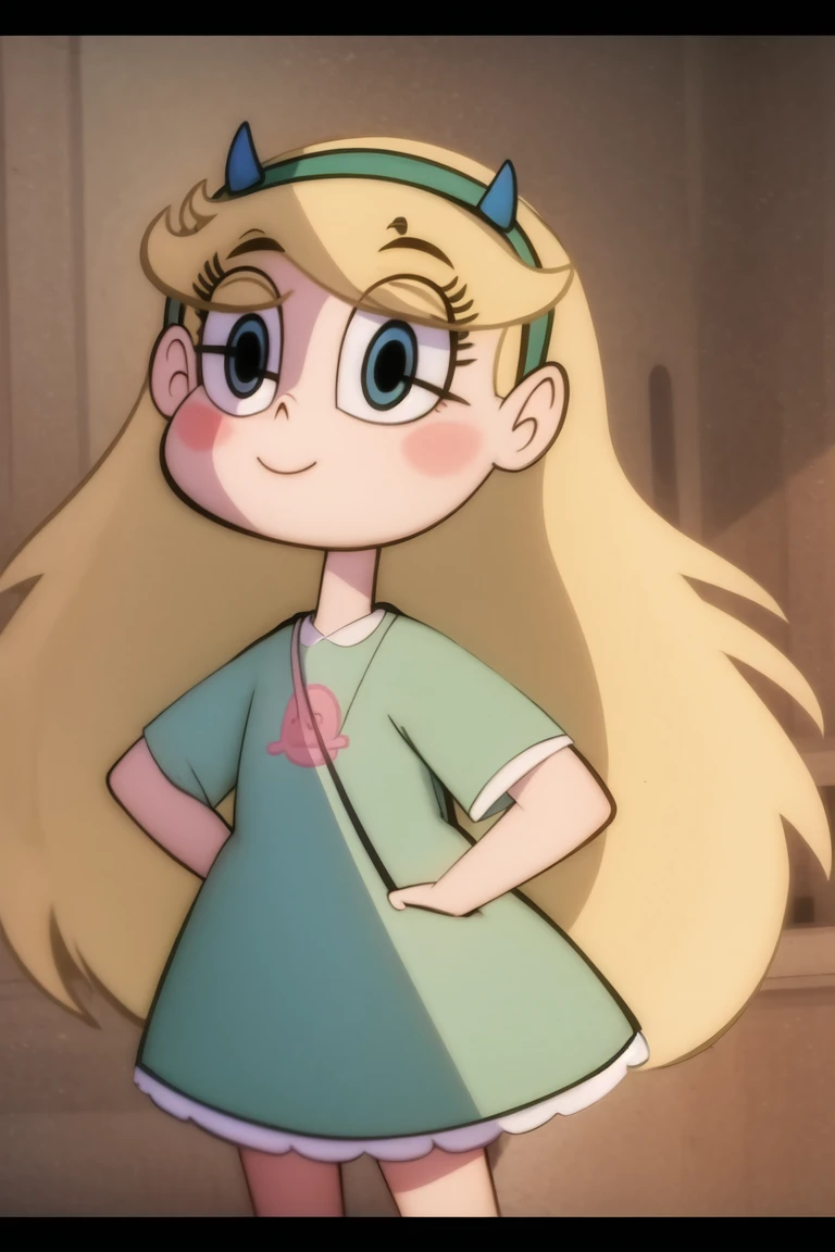 (masterpiece, best quality, high resolution:1.4), 1girl, woman, star butterfly, green squid outfit, horn hairband, smile, looking at viewer 