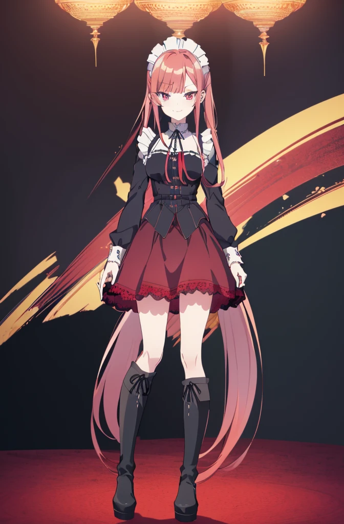 [(conversation room background:1.4)::5],original,(illustration:1.1),(best quality),(masterpiece:1.1),(extremely detailed CG unity 8k wallpaper:1.1), (colorful:0.9),(mid shot:0.95),(full body:1.5),Dynamic angle,(solo:1.2), (girl),((adult)), (detailed beautiful eyes:1.15), (beautiful face:1.15), (glowing red eyes:1.25////),((red medium hair)),(blunt bangs),(high twintails),(+perfect hand+:1.21),(Draw an illustration of a gothic girl),(Religious),(slender),(is wearing boots on her feet),((is wearing white maid clothes)),(furious), Lace Off-shoulder ta fashion,beautiful slender woman,((evil smile)),adult,thin legs,((red hair)),((mini skirt)),((mini skirt)),((black boots)),((black boots)),((black boots)),dynamic angle,dynamic pose,