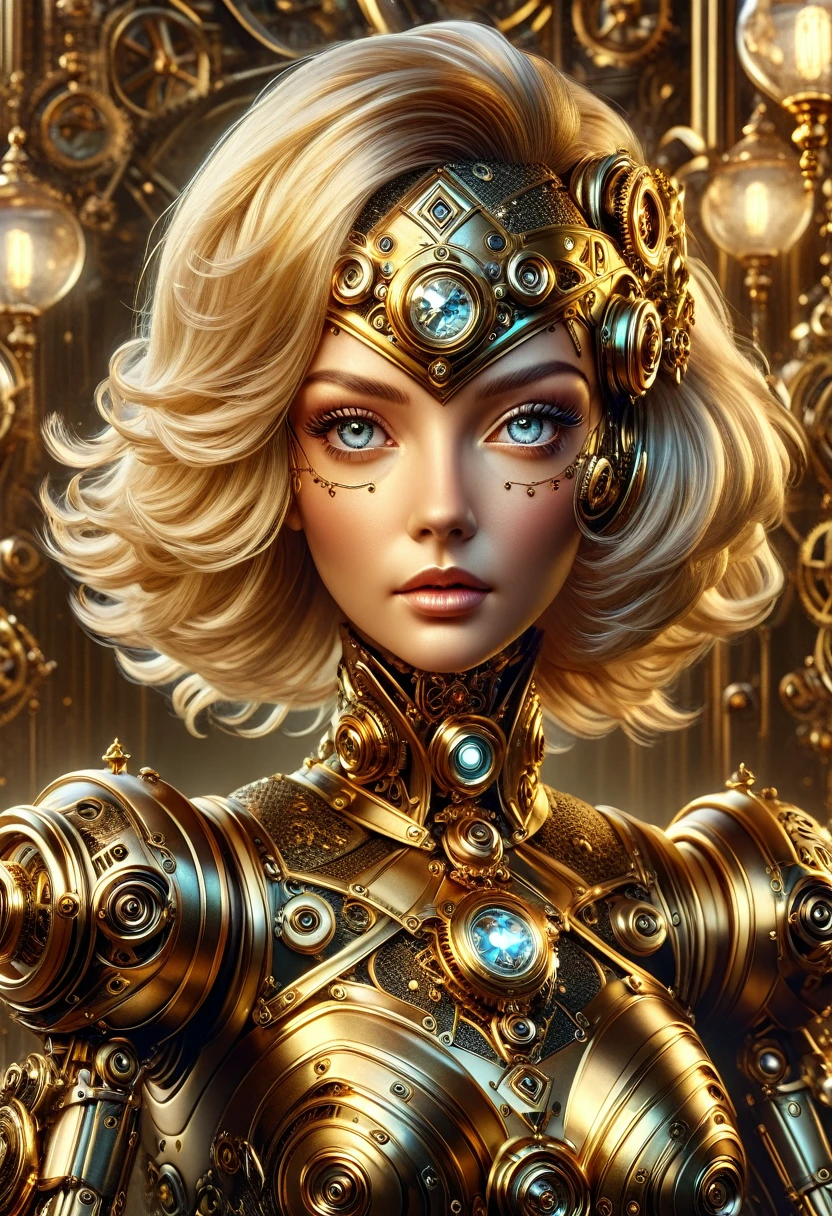 A steam punk style diamond robot with a human like diamond face. female figure. Wearing wig of spun diamond. Ultra HD, Rococo-Inspired Fantasy Art With Intricate Details. (8K High Resolution) (top-quality)
