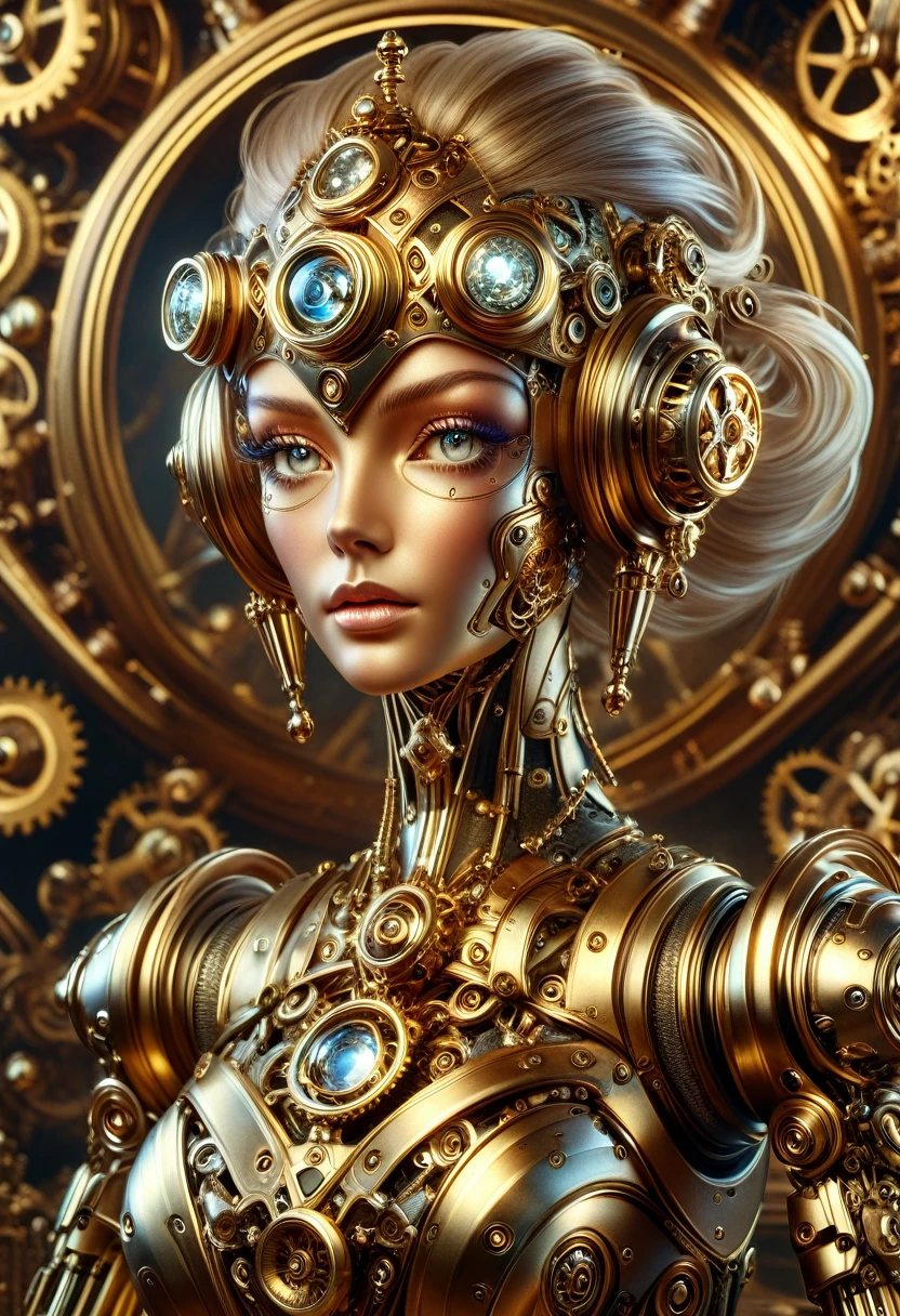 A steam punk style diamond robot with a human like diamond face. female figure. Wearing wig of spun diamond. Ultra HD, Rococo-Inspired Fantasy Art With Intricate Details. (8K High Resolution) (top-quality)