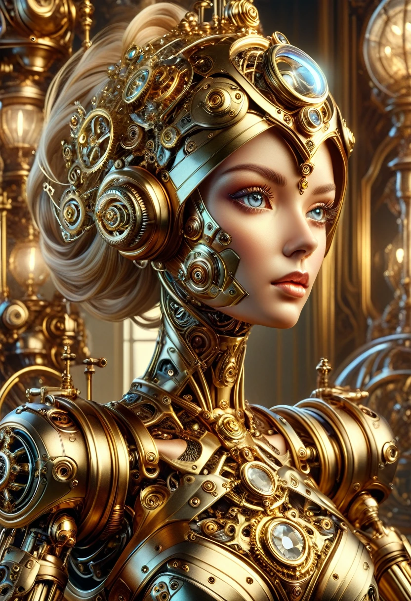 A steam punk style diamond robot with a human like diamond face. female figure. Wearing wig of spun diamond. Ultra HD, Rococo-Inspired Fantasy Art With Intricate Details. (8K High Resolution) (top-quality)
