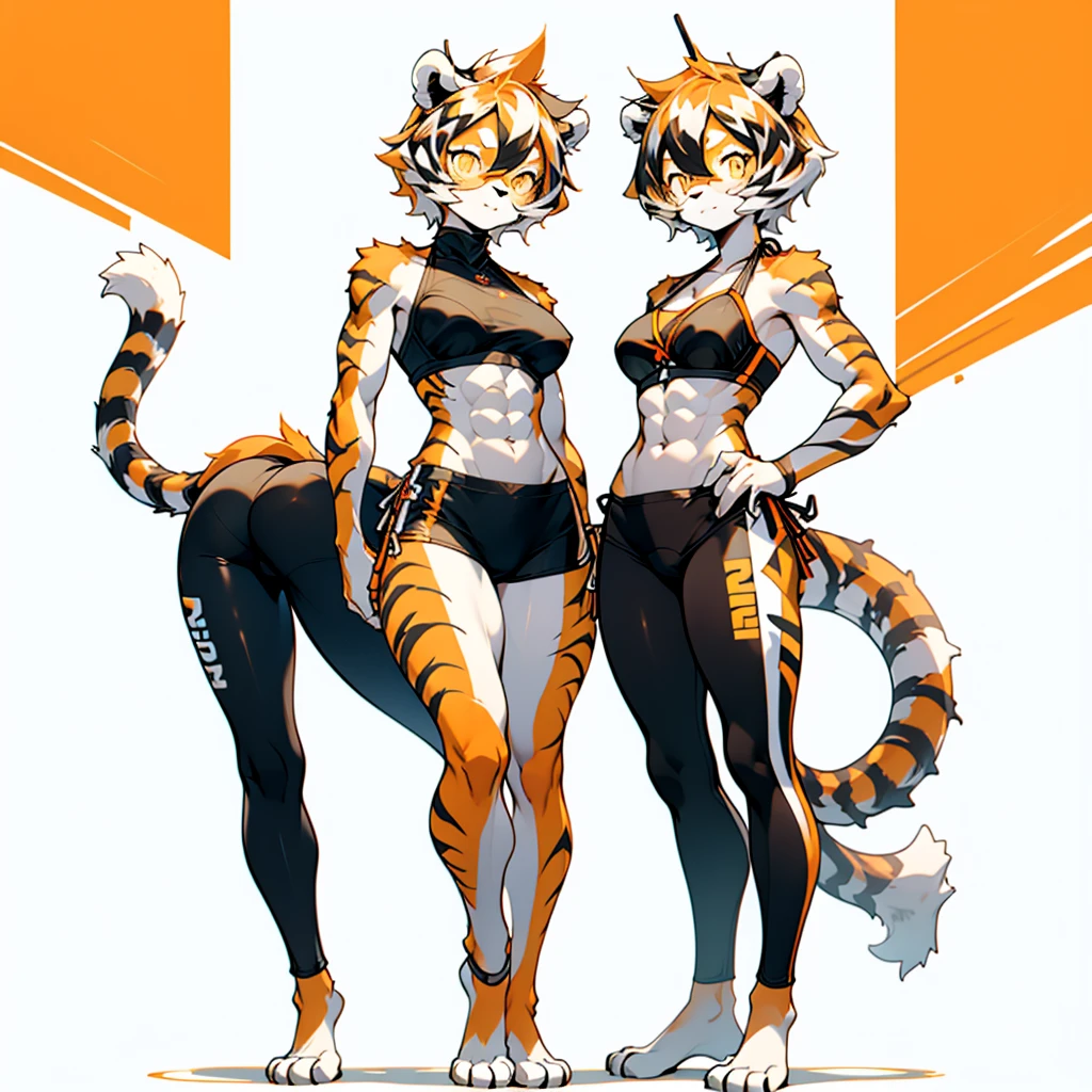 white background, full body, ((1girl,Playgirl,furry)), Standing Yoga mat, animal ears, arknights, white hair, black hair, round eyewear, glasses, OPPEIN, short hair, large breasts, muscle, tail, orange eyes, orange hair, multicolored hair, tiger girl, furry female, hair between eyes, tiger_ears, tiger_tail, orange-tinted_eyewear, tinted_eyewear, Sophorae, ワイフー, tattoo, petite, neck tattoo, big breasts, stomach tattoo, bra, panties, evil smile, Shadows under feet, Abdominal muscles, (((bikini bra, hot pants, white stockings,plimsolls)))