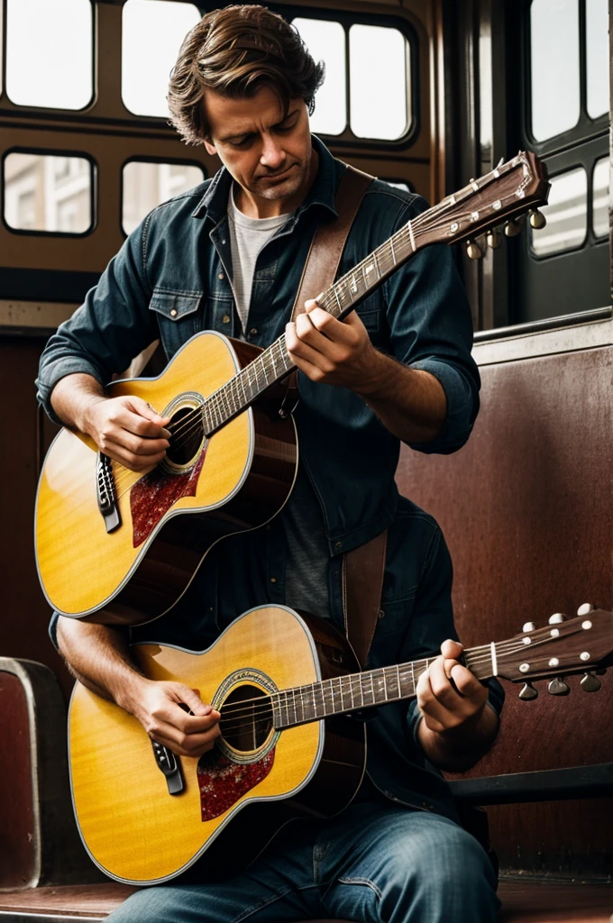 Man playing guitar in an old train station realistic epik
