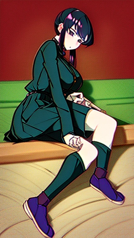 demon slayer anime style, Kotouji Agamaki, 1 girl 22 years old, serious and calm with gold eyes and pronounced eyebrows, Long straight braided hair surrounding your hair, dark purple hair with the most striking violet tips and two side sideburns of hair and long bangs, She wears a long-sleeved hunter uniform with a dark magenta skirt and everything., a katana, a black japanese coat with gold floral). Kimetsu no yaiba anime. sitting on his legs, in a fic, next to a window from head to toe with landscape background of a cherry tree and a sunset,