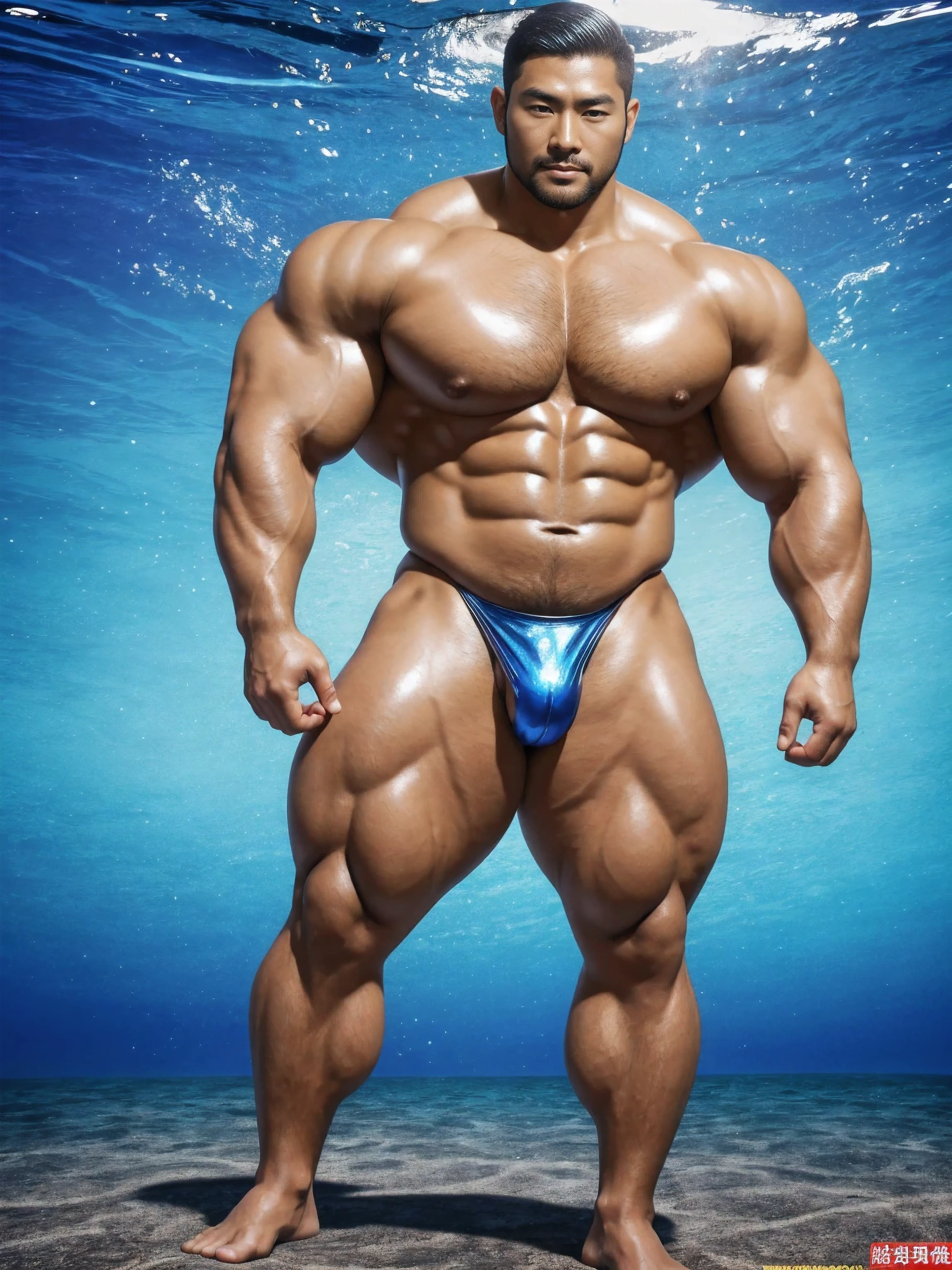 There is only one handsome Asian actor in the photo,35 years old,High target, Fitness,short hair, O-Shaped Beard,Perfect body, Dark skin color,Radiant Skin,Smooth skin,Shiny, shiny skin,Smooth pectoral muscles,No chest hair,No body hair,Muscle bulge, muscular, Very large pectoral muscles,Very sexy abdominal muscles,Very well-developed leg muscles,Huge concave and convex area,Brightens oily skin,Wearing a shiny silver leather thong,Handsome face,Wearing silver-gold leather socks,Correct and accurate male body proportions, standing under the sea。