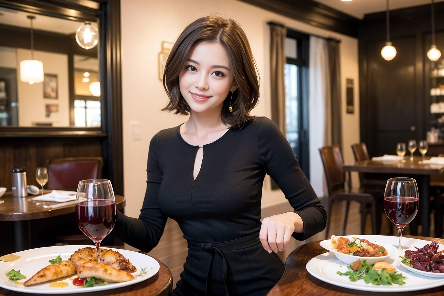 ((Highest quality、8K、masterpiece:1.3))、slimカップル、modelカップル、(Realistic, Intricate details:1.2), full-course dinner、Wine Party、Amazing view of the sunset sky and clouds、A bright smile、The wonderfulness of smile、Bright image、The beauty of wine, Beautiful Face, blue eyes, The light shines on your face, Blushing, short hair,Bright Face、 (Age 37), 39 years old, red wine 、Appetizers、Italian food、Wine bottle、Champagne、sparkling wine、Two beauties、Brown Hair、Shortcuts、Long sleeve shirt、dress、Beautiful woman 1, (slimな顔), (The body is slim), (Brown Hair), (Shortcuts), cheeks turn a little red,Attractive beauty、restaurant, In a prominent place (From the waist up) Nova Frog Style, actress, model, Upper Body, White wine, slim, wine glass, 中央に置かれたwine glass, smile, (smile: 1.15), Beautiful fine grain, Depth f/2,saturation, High Contrast, Strong light and shadow,Moist Body:1.5、3D texture、Delicate eyes、Brown Hair、The hair is very shiny、