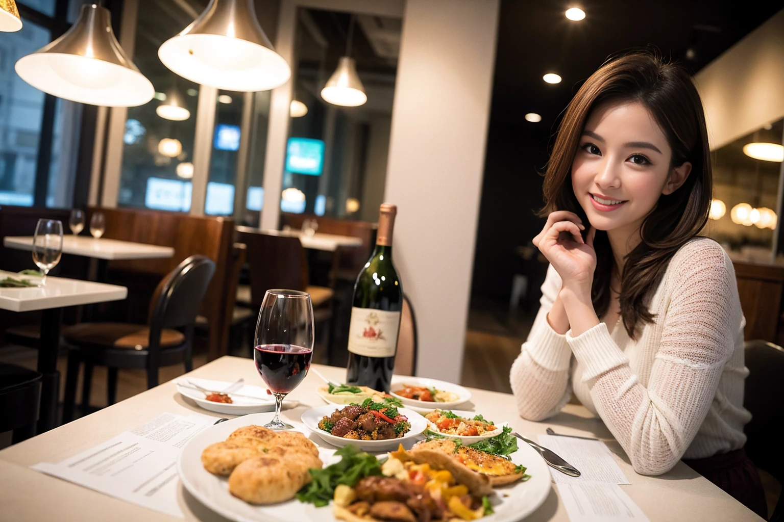 ((Highest quality、8K、masterpiece:1.3))、slimカップル、modelカップル、(Realistic, Intricate details:1.2), full-course dinner、Wine Party、Amazing view of the sunset sky and clouds、A bright smile、The wonderfulness of smile、Bright image、The beauty of wine, Beautiful Face, blue eyes, The light shines on your face, Blushing, short hair,Bright Face、 (Age 37), 39 years old, red wine 、Appetizers、Italian food、Wine bottle、Champagne、sparkling wine、Two beauties、Brown Hair、Shortcuts、Long sleeve shirt、dress、Beautiful woman 1, (slimな顔), (The body is slim), (Brown Hair), (Shortcuts), cheeks turn a little red,Attractive beauty、restaurant, In a prominent place (From the waist up) Nova Frog Style, actress, model, Upper Body, White wine, slim, wine glass, 中央に置かれたwine glass, smile, (smile: 1.15), Beautiful fine grain, Depth f/2,saturation, High Contrast, Strong light and shadow,Moist Body:1.5、3D texture、Delicate eyes、Brown Hair、The hair is very shiny、