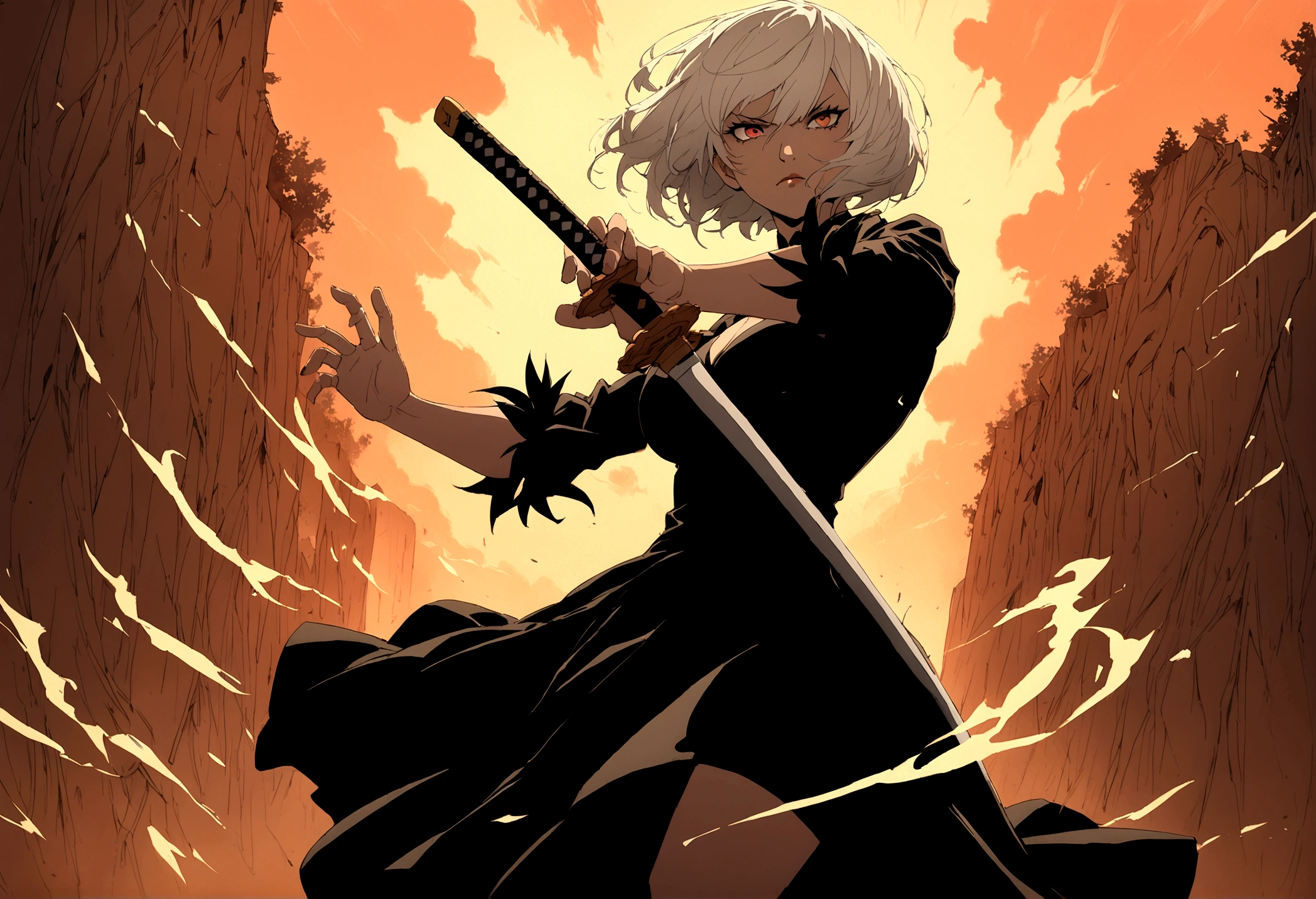 2b,(work of art), ultra detaild, White hair, black gown, Action, battle pose, standing with legs open, katana, wall-paper, destroyed forest background, SUNSET, smoke in the sky, sparks, serious facial expression, ideal female body, adult, opaque color palette, 真实感, ( realistic styling), perfect arms, detailed hands, perfect hand
