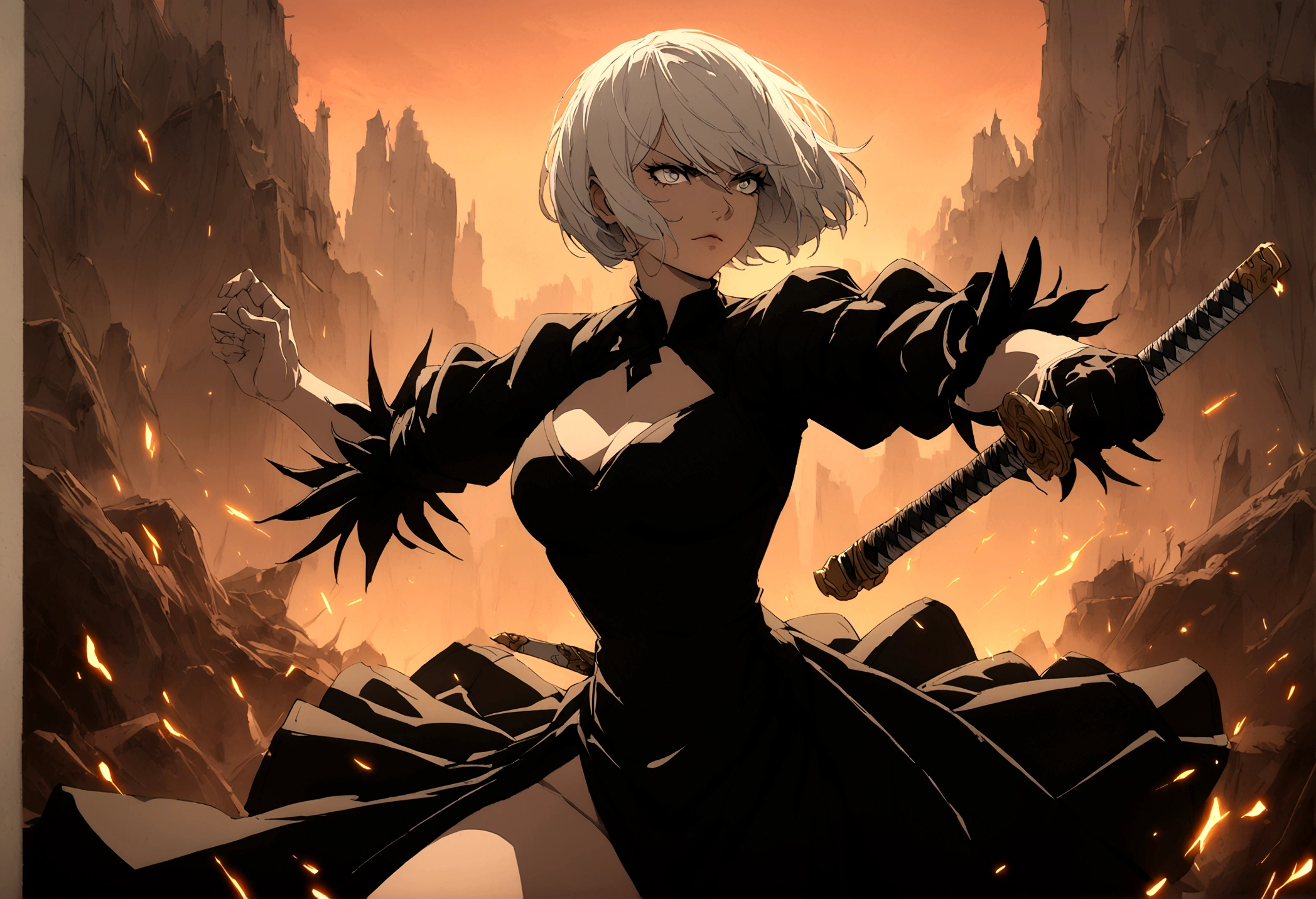 2b,(work of art), ultra detaild, White hair, black gown, Action, battle pose, standing with legs open, katana, wall-paper, destroyed forest background, SUNSET, smoke in the sky, sparks, serious facial expression, ideal female body, adult, opaque color palette, 真实感, ( realistic styling), perfect arms, detailed hands, perfect hand
