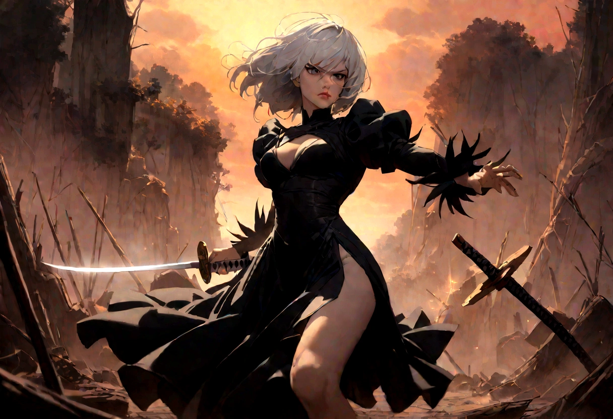 2b,(work of art), ultra detaild, White hair, black gown, Action, battle pose, standing with legs open, katana, wall-paper, destroyed forest background, SUNSET, smoke in the sky, sparks, serious facial expression, ideal female body, adult, opaque color palette, 真实感, ( realistic styling), perfect arms, detailed hands, perfect hand
