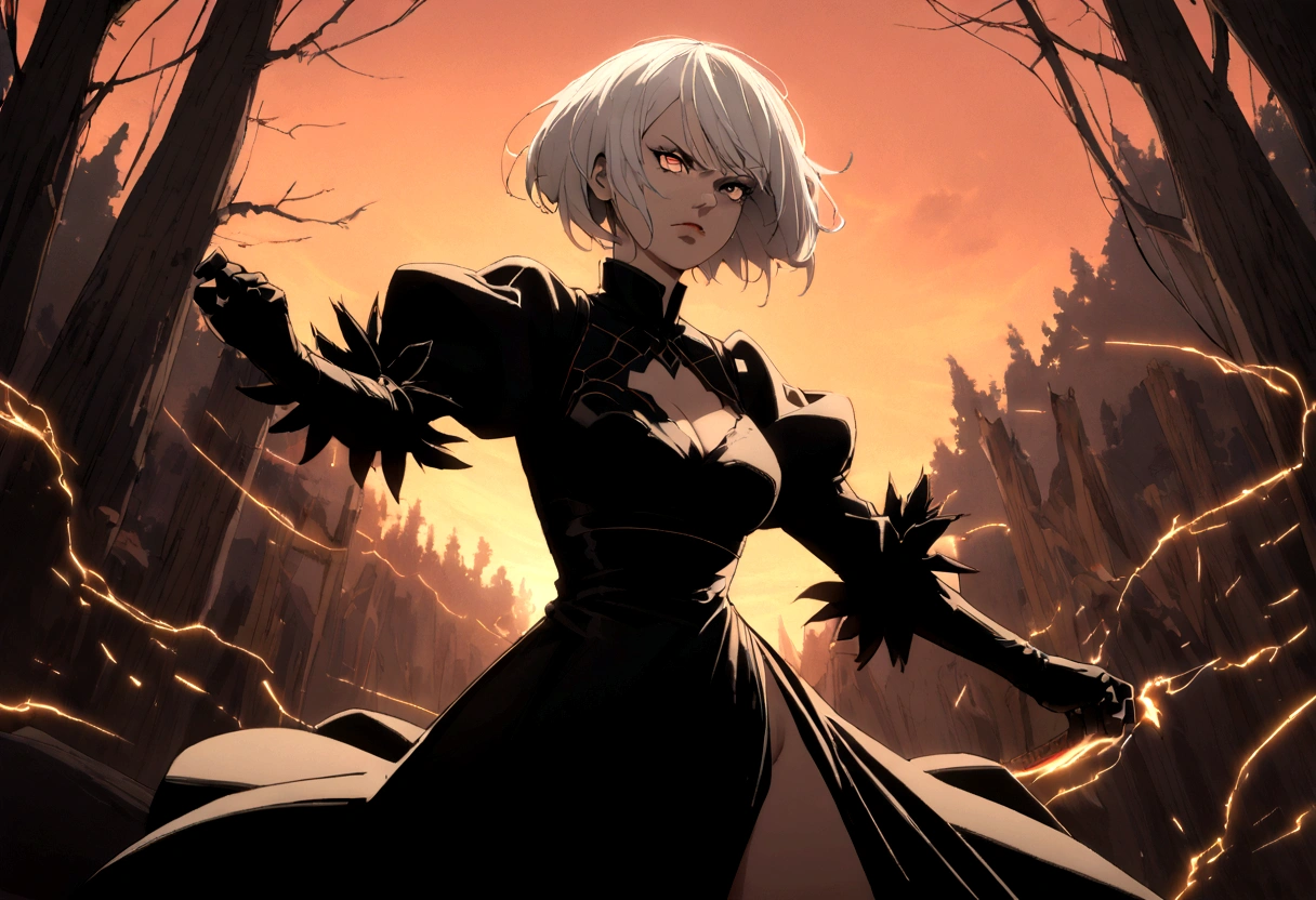 2b,(work of art), ultra detaild, White hair, black gown, Action, battle pose, standing with legs open, katana, wall-paper, destroyed forest background, SUNSET, smoke in the sky, sparks, serious facial expression, ideal female body, adult, opaque color palette, 真实感, ( realistic styling), perfect arms, detailed hands, perfect hand
