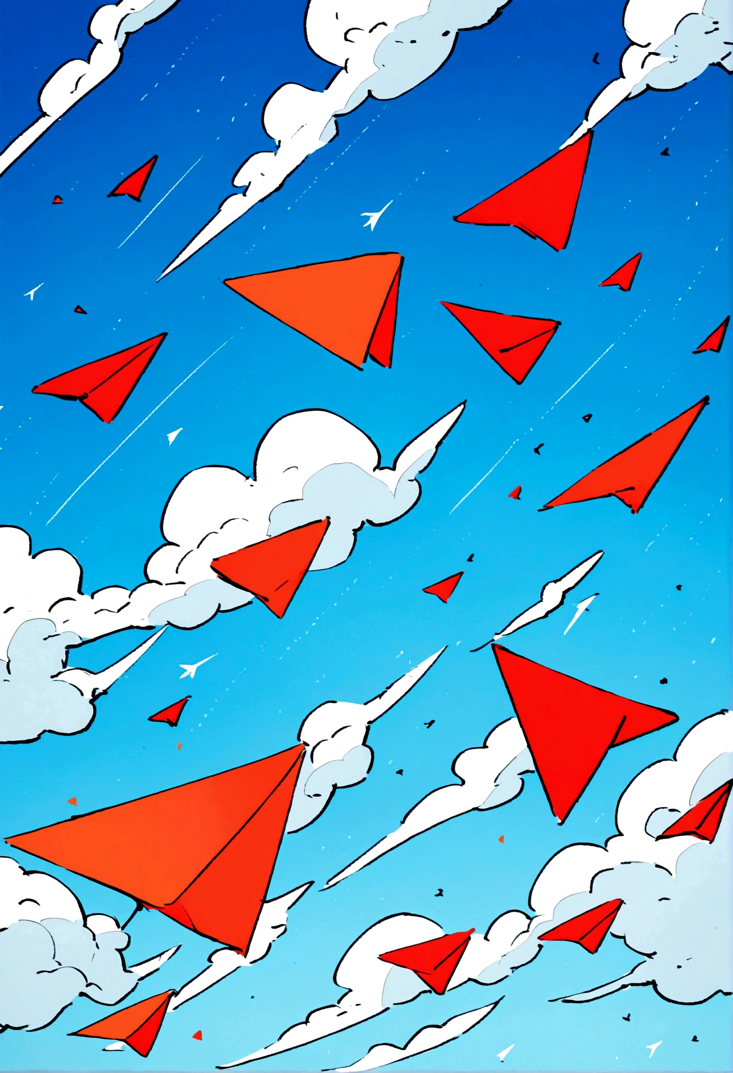 A paper plane flies through the blue sky