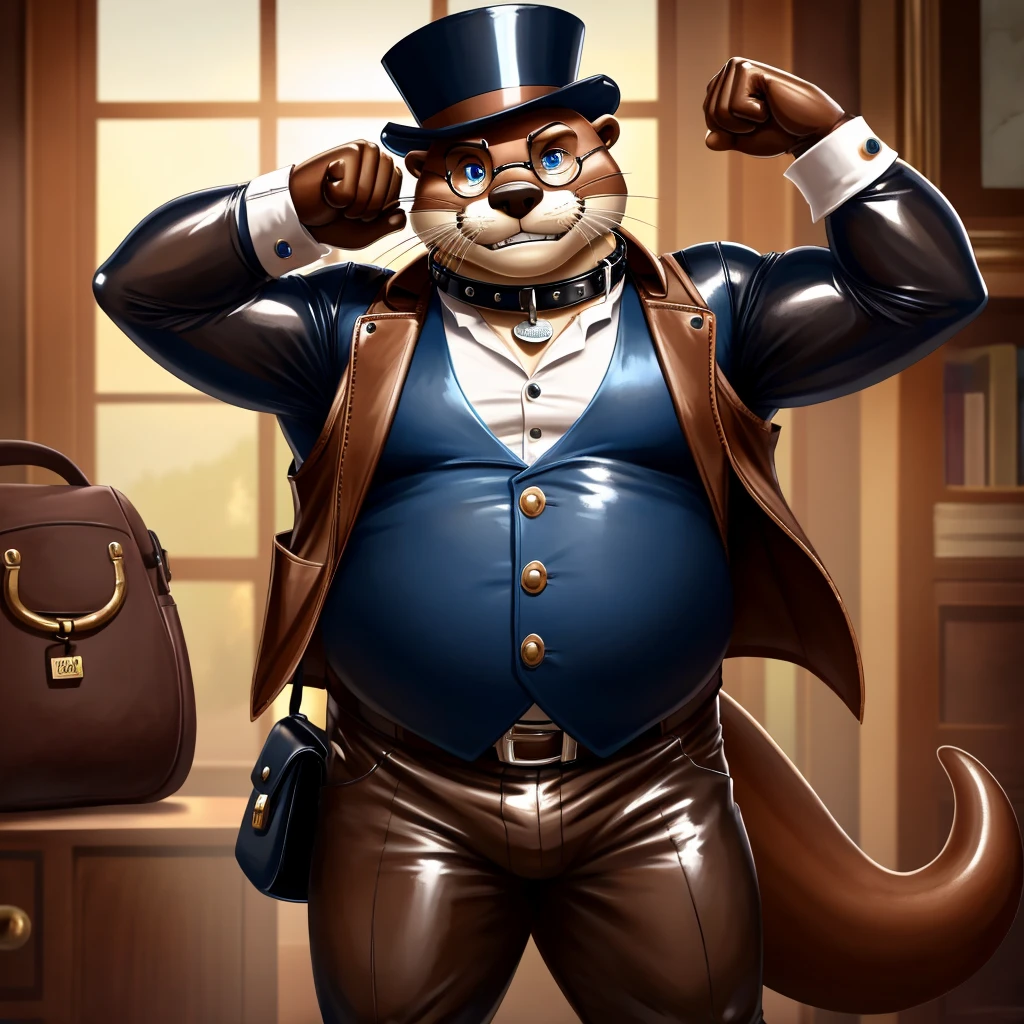 Solo, Male, fat, extremely obese, gentleman, dapper Professor Otter, blue eyes, (posing:1.3), (soft shading), 4k, hi res, ((detailed face, detailed)), looking at viewer, evil grin, steampunk, collared shirt with buttons, top hat, male focus, Explorer Outfit, glasses, monocle, bag, vest with buttons, backpack, sleeves rolled up, round eyewear, brown headwear, brown vest, Otter is wearing a glossy leather dog collar around the neck, Otter is wearing the leather collar and shirt and vest at the same time, Otter is wearing glossy white rubber gloves on the hands, wearing white rubber gloves on the feet, Otter is wearing glossy white cuffs around the wrists with cufflinks, gloves are rubber in texture, clenching teeth, clenching fists, leather collar is glossy and shiny with a lot of detail, Otter is wearing gloves and cuffs and cufflinks at the same time, leather collar has a round dog-tag, leather collar is thick and detailed.