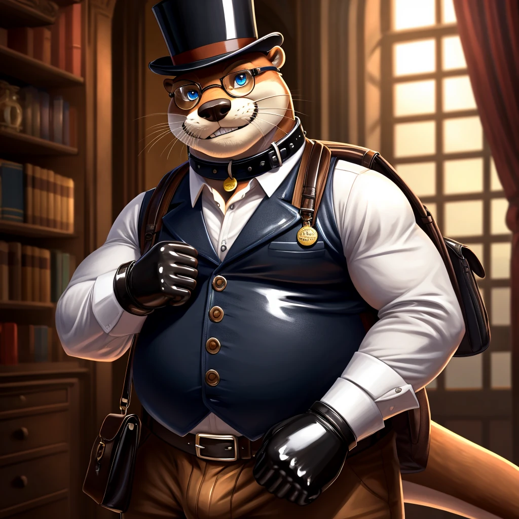Solo, Male, fat, extremely obese, gentleman, dapper Professor Otter, blue eyes, (posing:1.3), (soft shading), 4k, hi res, ((detailed face, detailed)), looking at viewer, evil grin, steampunk, collared shirt with buttons, top hat, male focus, Explorer Outfit, glasses, monocle, bag, vest with buttons, backpack, sleeves rolled up, round eyewear, brown headwear, brown vest, Otter is wearing a glossy leather dog collar around the neck, Otter is wearing the leather collar and shirt and vest at the same time, Otter is wearing glossy white rubber gloves on the hands, wearing white rubber gloves on the feet, Otter is wearing glossy white cuffs around the wrists with cufflinks, gloves are rubber in texture, clenching teeth, clenching fists, leather collar is glossy and shiny with a lot of detail, Otter is wearing gloves and cuffs and cufflinks at the same time, leather collar has a round dog-tag, leather collar is thick and detailed.