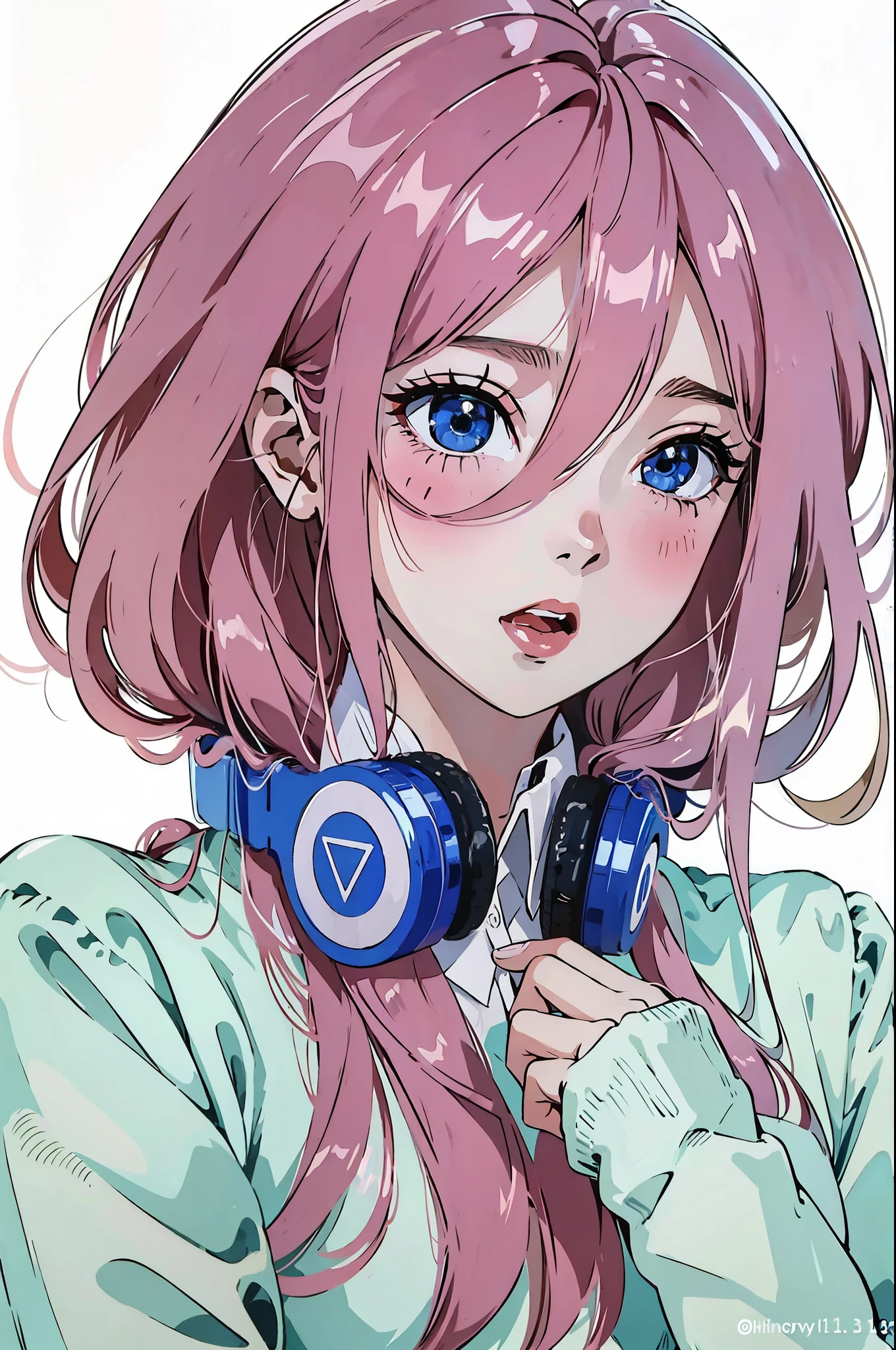 best quality, masterpiece, highres, solo, {nakano_miku_gotoubunnohanayome:1.15}, long_hair, brown_hair, bangs, hair_between_eyes, blue_eyes, headphones_around_neck, headphones, blush, closed_mouth, shiny_hair, 1girl, open_mouth, shirt, upper_body, white_shirt, brick_wall, long_sleeves, shiny