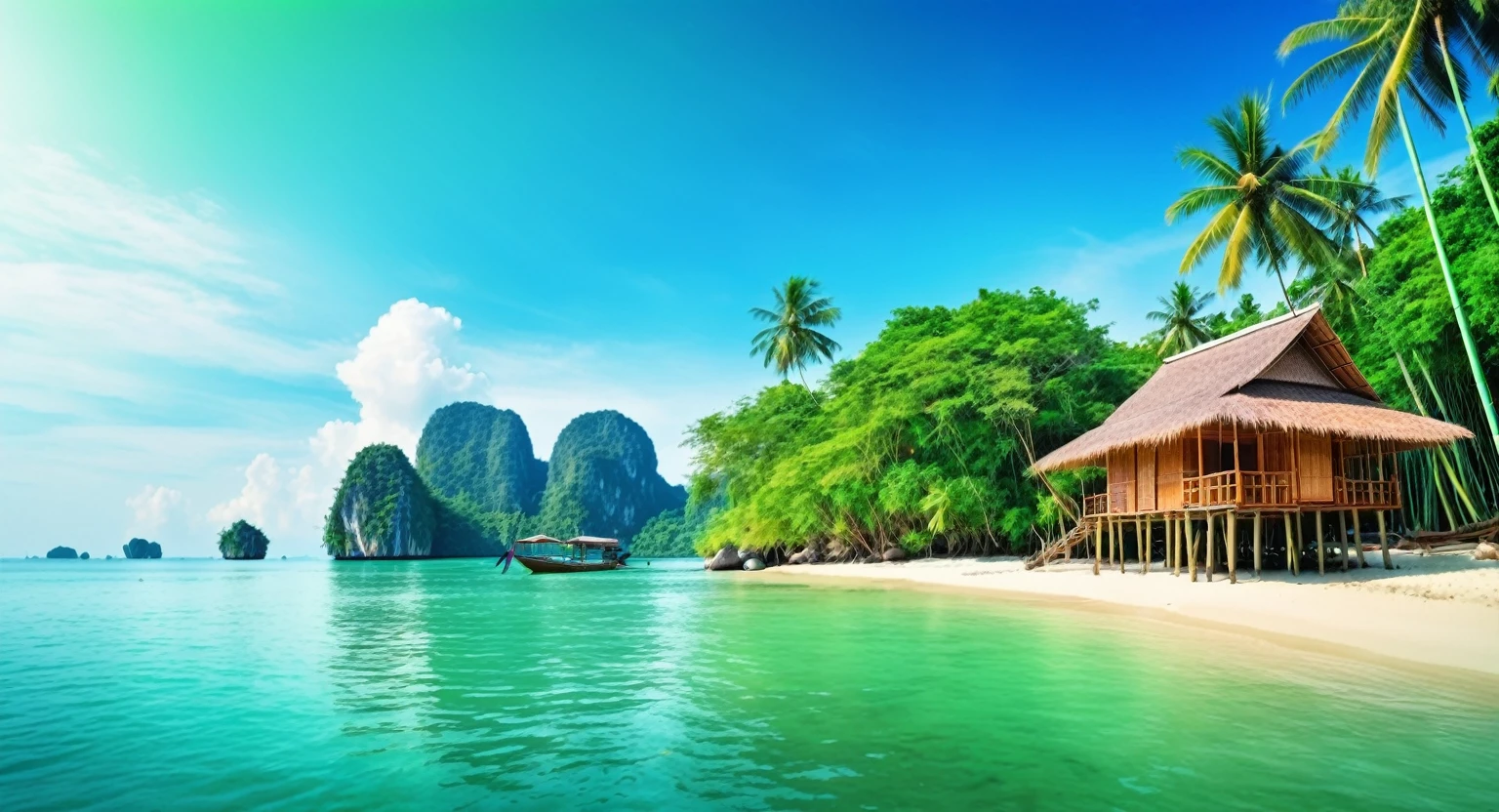 Bamboo hut houses in Thailand are on an island in the middle of the sea. The atmosphere is natural, beautiful, the sea is green, a fantasy watercolor picture. Ultra 8K resolution macro lens, realistic images