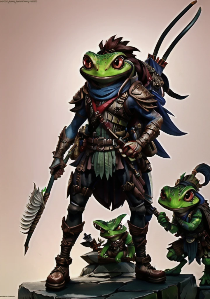 grippli, frog warrior, angry, fierce, bow, arrow, shooting, red, chibi, ultra detailed digital art, Peter Mohrbacher, 3d model, , dramatic, trending on artstation, sharp focus, perfect composition, concept art, 8k, studio photo, ethereal colors background, volumetric lighting, light studio, vibrant, intricate details, tonemapping, 