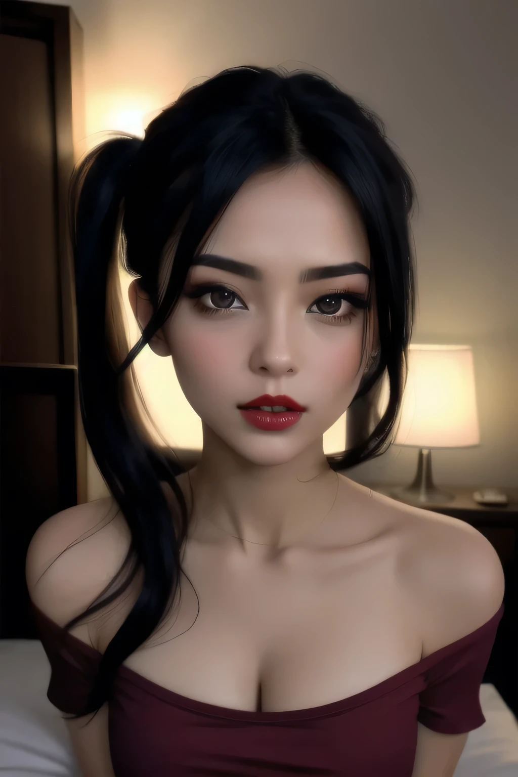 Amazing portrait of a sexy woman with a beautiful face with lustful eyes gazing seductively and parted pink lips smiling as she blushed deeply with her black hair in a bun wearing a green satin shirt that is partially unbuttoned and falling off her shoulders exposing her creamy pale porcelain skin in a very dimly lit bedroom giving off an intimate vibe