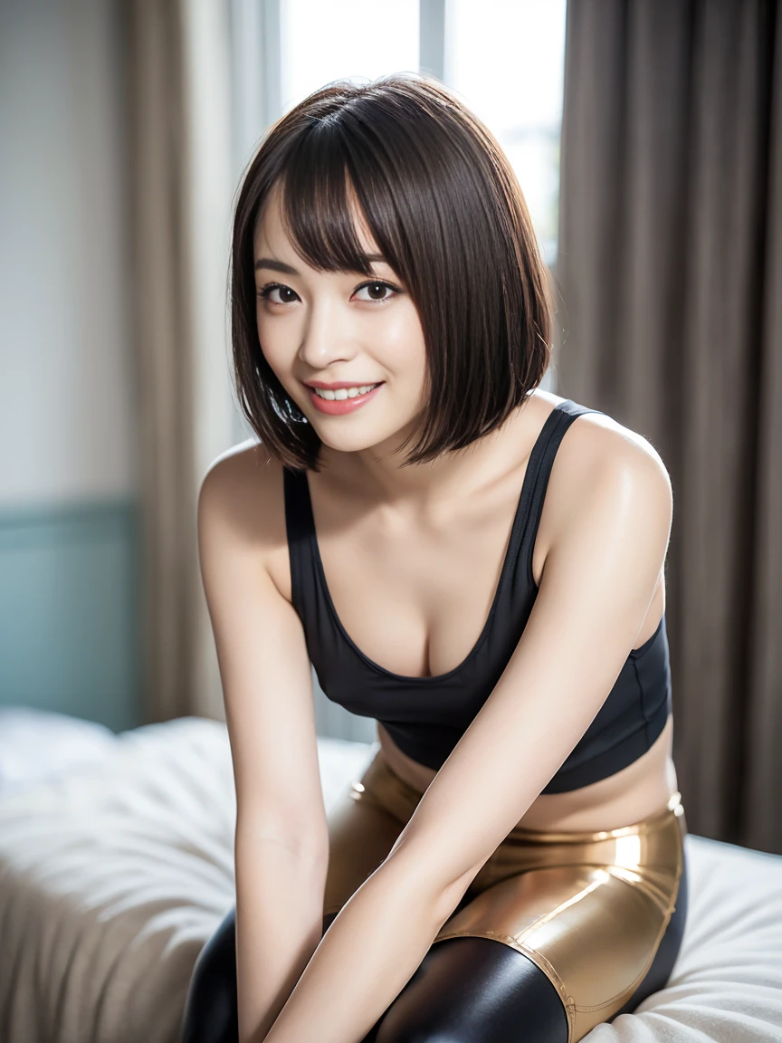 Sea Artbot ,Upscaling 、RAW Photos、Highest quality、masterpiece:1.2)、(Realistic、photo Realistic:1.37) 、1 female, 25-year-old woman, Japanese women,Height: 168cm, (ショートBob Hair, Straight hair, bangs:1.3, Brown Hair), (Lean:Weight 1.0), (Flat Chest:1.7),(Slender legs:1.4)、,(Erect nipples:1.1)、(Late at night)、Erotic Room、Studio Lighting、(Bob Hair, Shortcuts, Brown Hair)、Detailed face、Lip details、Detailed eyeore skin、double eyelid、((Expose))、(Sports Bra, Black leggings pants)、((Very good)))、Expose cleavage、Expose shoulders、Expose thighs、(Camel Toe)、perfectionボディ、Shiny skin、(Sweaty body:1.2)、Grinning face、((Sit on))、Make eye contact with the camera、Background camera lens blur、Written boundary depth、35 m、Very detailed、super high quality、perfection、((Vintage style photo 1:1)),((NSFW1:0),High resolution、Seductive pose:1.2, whole body