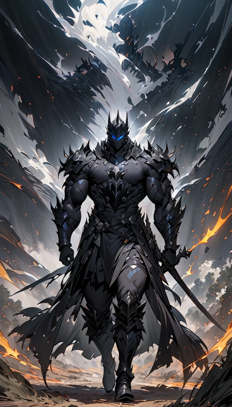 male black shadow ghost knight walking away from a battlefield, shadow, black, knight, ghost knight, full body view, Facing the front, shadow knight,ถือหอกยาวblack, glowing blue eyes,ชุดเกราะknightสีดํา , ผ้าคลุมขนสัตว์black(Masterpiece,best quality,special, (Broad shoulders)) (muscle), black smoke, dark, Masterpiece, Masterpiece lighting