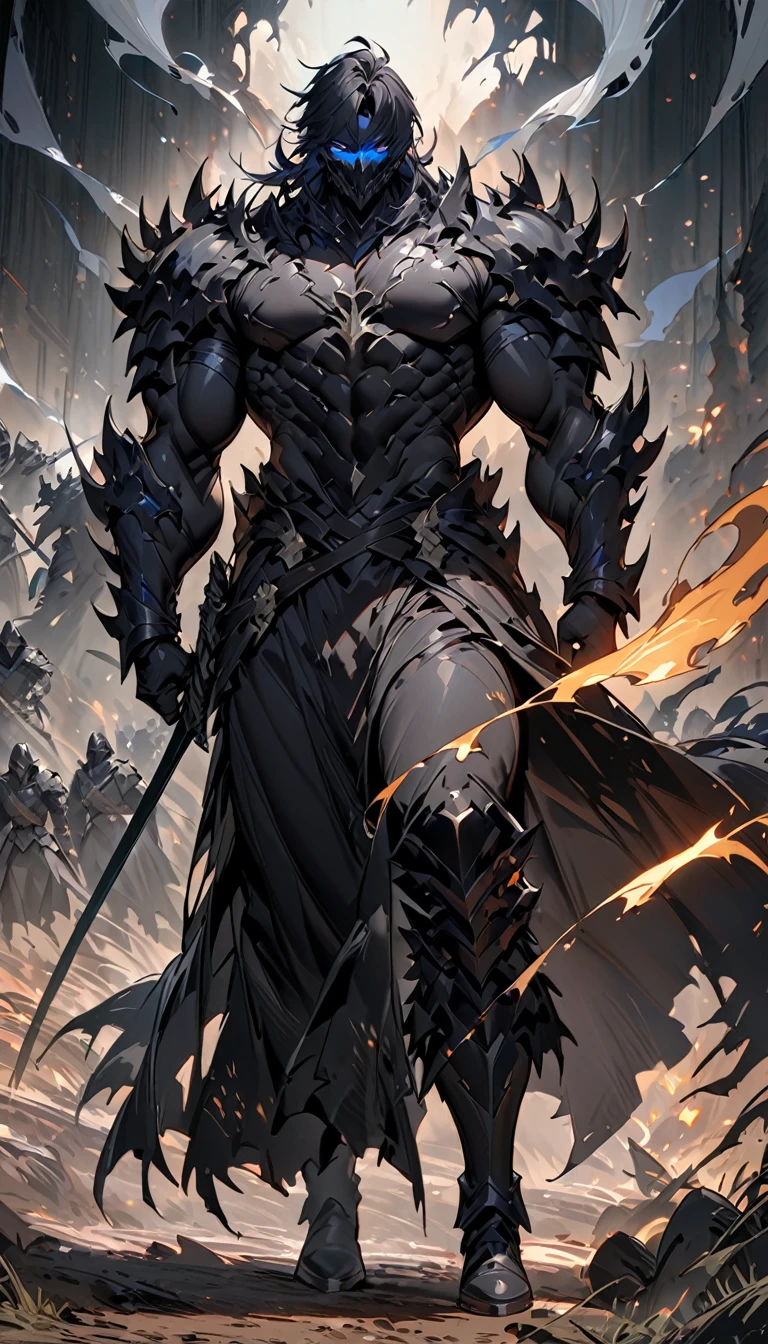 male black shadow ghost knight walking away from a battlefield, shadow, black, knight, ghost knight, full body view, Facing the front, shadow knight,ถือหอกยาวblack, glowing blue eyes,ชุดเกราะknightสีดํา , ผ้าคลุมขนสัตว์black(Masterpiece,best quality,special, (Broad shoulders)) (muscle), black smoke, dark, Masterpiece, Masterpiece lighting