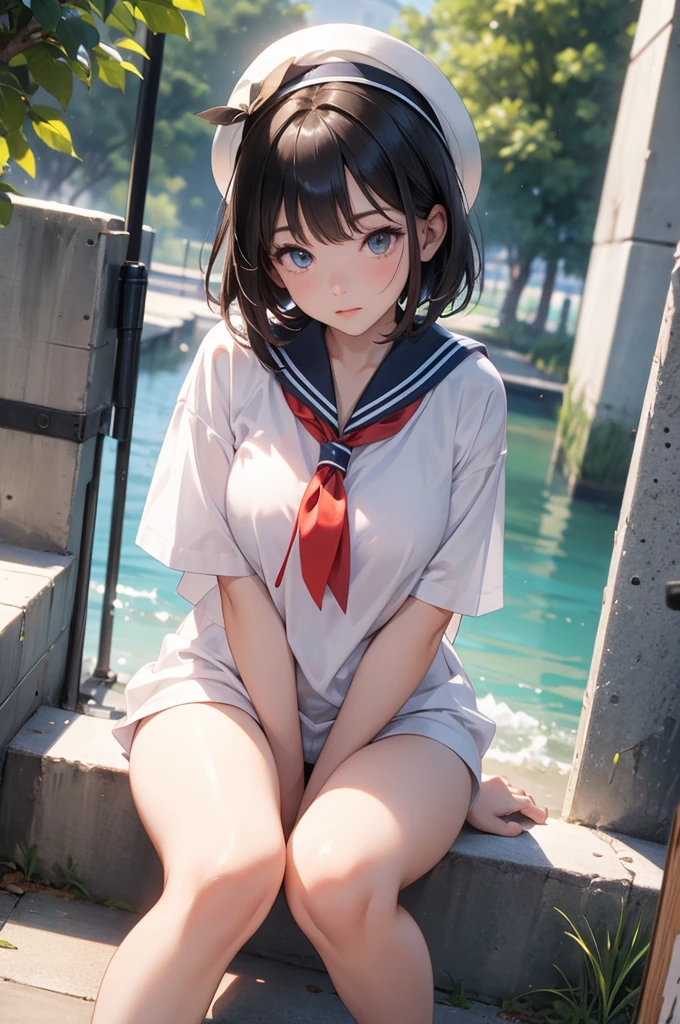 Ultra short sailor suit, (naked:1.1), roadside, Crouched View,Expose the inside of your legs,Spread your legs,White panties