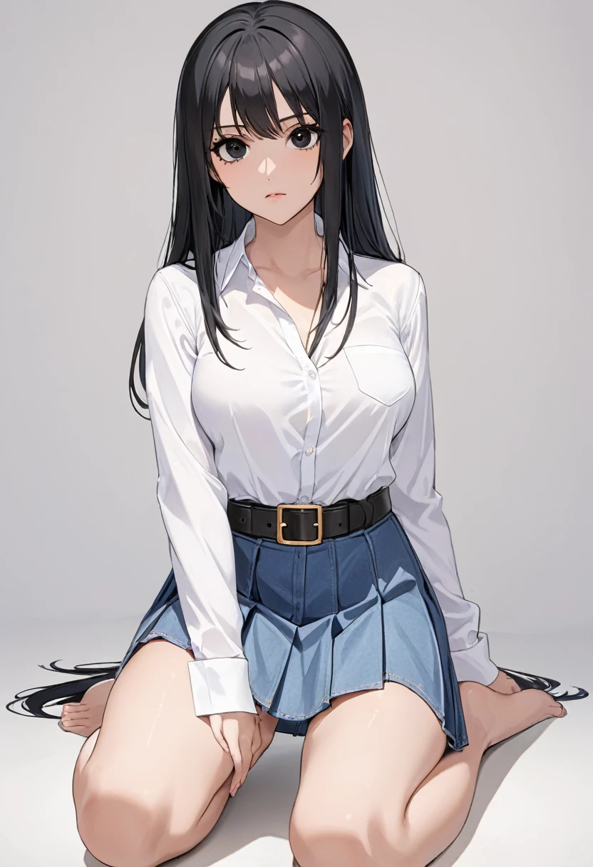 Beautiful tall woman with long black hair wearing a black miniskirt and a short white shirt