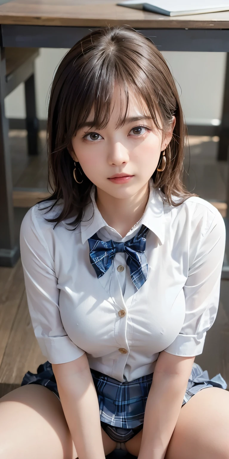 (masterpiece: 1.3), (Maximum resolution: 1.2), (Ultra High Definition TV: 1.2), Cinematic Light, 8K resolution, Detailed facial features , (Sharp focus: 1.2), (Focus on the face:1.2),Perfect Style, Beautiful Face, Acura, Anatomically correct, Highly detailed face and skin texture, Beautiful Eyes,Beautiful Eyes, Natural Cheeks, Glowing Skin, Fair skin: 1.2, (Glossy Lips: 1.4),、 (Embarrassed look: 1.2),Highly detailed face and skin texture, Beautiful Eyes, double eyelid, Natural Cheeks, , Glossy Lips: 1.4,Exposed cleavage、(White mucus on chest:1.4)(White mucus on thighs:1.2)、 blush、Humiliating、Expressions of embarrassment、Please open your knees、Expressions of anger、Big Breasts、dissatisfaction、Spread your legs、 、Sparkly little earrings and a rosary、Disheveled clothes、Exposed panties、Drenched in sweat、Thin underwear、Wet underwear、Stockings Long Hair、21 years old, Clean woman,1 person、 I am proud,in office、On the desk(On my back, Lying in the desk, Lying in, office desk1.3)、Blonde Hair、Short Hair、Dark blue eyes,(((Japanese school girl uniform:1.3)))、(((pleated miniskirt))),(((exposed white panties))),detailed race panties,dissatisfaction、Masturbate、blush、Embarrassed face、Arms raised above heace in ecstasy、Eyes closed、(((spreading legs open wide with knees bent,creating the shape of the letter M))),(((Plaid mini skirt)))、(((Wear a cardigan over a collared shirt)))、high socks、navy colored socks,Plain clothes ,((school girls))、