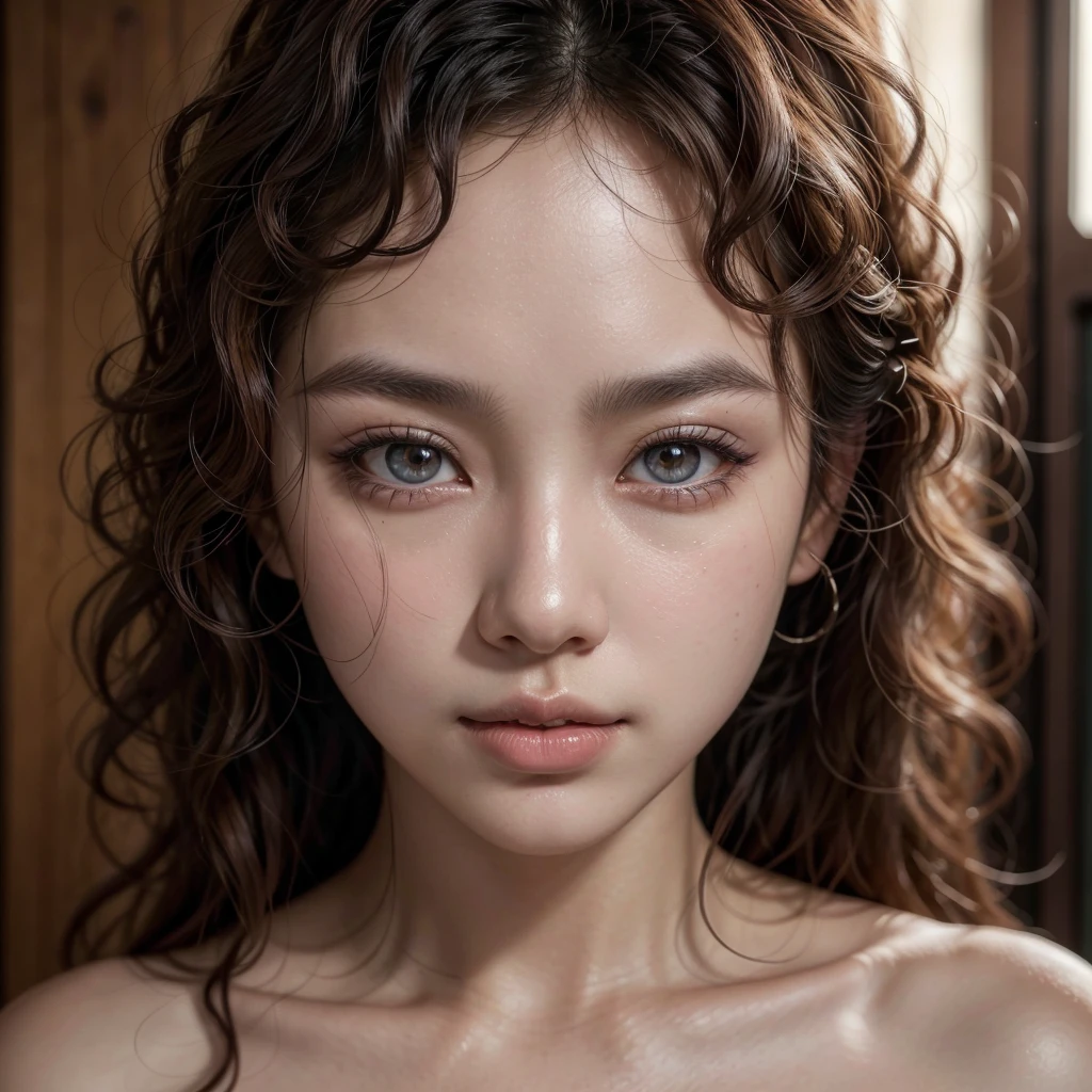 detailed portrait of an asian woman with beautiful eyes, lips and curly hair, ultra-detailed face, detailed skin texture, delicate facial features, beautiful curly hair, natural lighting, cinematic lighting, warm color tones, photorealistic, highly detailed, 8k, masterpiece