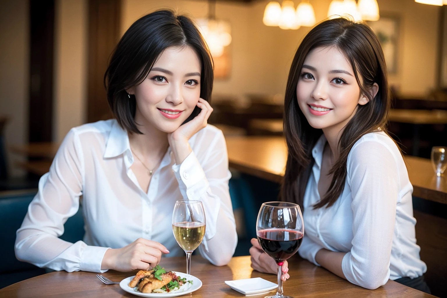 ((Highest quality、8K、masterpiece:1.3))、slimカップル、modelカップル、(Realistic, Intricate details:1.2), full-course dinner、Wine Party、Amazing view of the sunset sky and clouds、A bright smile、The wonderfulness of smile、Bright image、The beauty of wine, Beautiful Face, blue eyes, The light shines on your face, Blushing, short hair,Bright Face、 (Age 37), 39 years old, red wine 、Appetizers、Italian food、Wine bottle、Champagne、sparkling wine、Two beauties、Brown Hair、Shortcuts、Long sleeve shirt、dress、Beautiful woman 1, (slimな顔), (The body is slim), (Brown Hair), (Shortcuts), cheeks turn a little red,Attractive beauty、restaurant, In a prominent place (From the waist up) Nova Frog Style, actress, model, Upper Body, White wine, slim, wine glass, 中央に置かれたwine glass, smile, (smile: 1.15), Beautiful fine grain, Depth f/2,saturation, High Contrast, Strong light and shadow,Moist Body:1.5、3D texture、Delicate eyes、Brown Hair、The hair is very shiny、