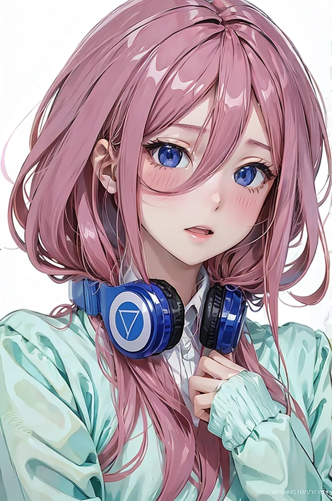 best quality, masterpiece, highres, solo, {nakano_miku_gotoubunnohanayome:1.15}, long_hair, brown_hair, bangs, hair_between_eyes, blue_eyes, headphones_around_neck, headphones, blush, closed_mouth, shiny_hair, 1girl, open_mouth, shirt, upper_body, white_shirt, brick_wall, long_sleeves, shiny