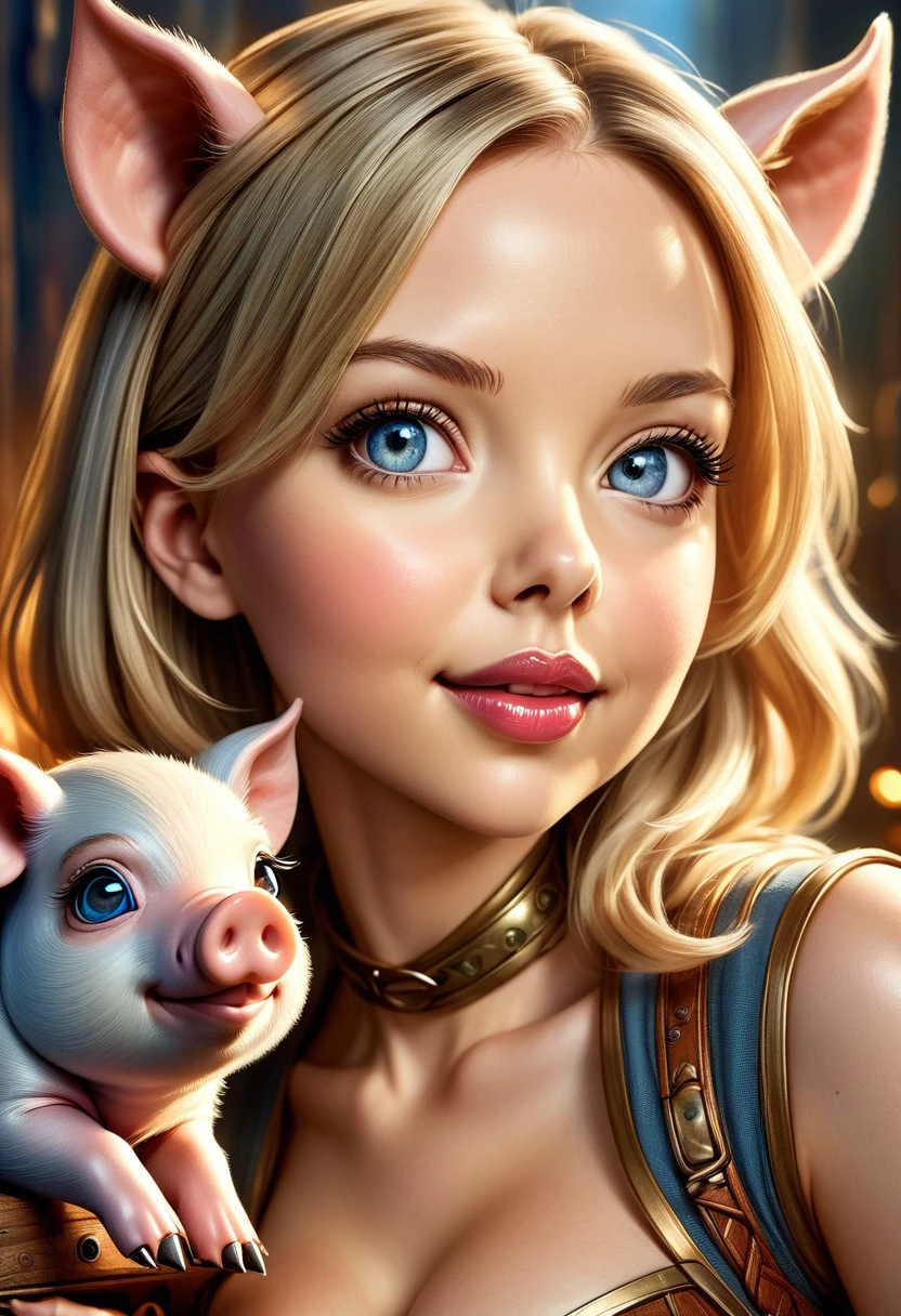 Create an realistic CGI photo of a anthropomorphic pig women. Long blond hair. The photo should be of the highest quality, a masterpiece with intricate details. The pig women should have a female, humanoid, appearance, with a vaugly human face. She should have luscious lips, a wide smile, and bright, expressive eyes, exuding beauty, cuteness, and adorableness. Ensure the image is high resolution and sharply detailed, with a detailed and vibrant background. Incorporate mystical lighting in the background, creating a romantic and enchanting atmosphere. regal. noble. Farm girl.
