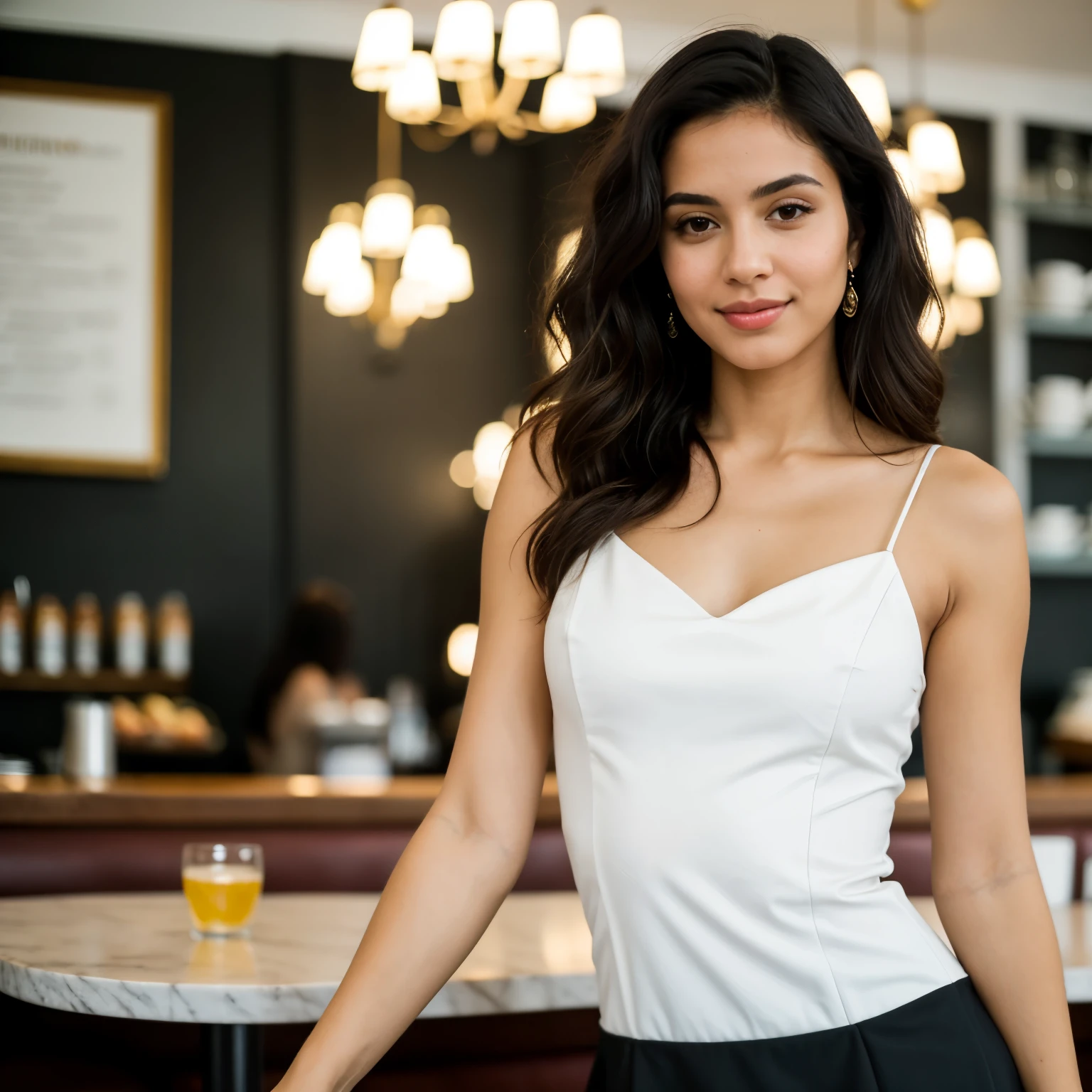 ((best quality)), ((masterpiece)), (detailed), (perfect hands), (five fingers) a young latin woman with wavy dark hair, flawed skin and a slender body type, wearing a classic little black dress in a sophisticated city cafe , shot with Sony Alpha A6500 1.4f, bokeh, highly detailed,

