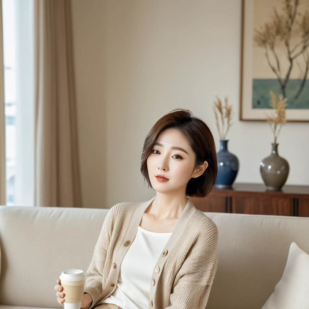 8k best picture quality, Beautiful 36-year-old Korean woman, short medium hair. Chest size 34 inches, Wearing a cardigan and beige jeans. luxury mansion living room, Sitting on the sofa, holding a ceramic coffee cup with both hands, full body shot