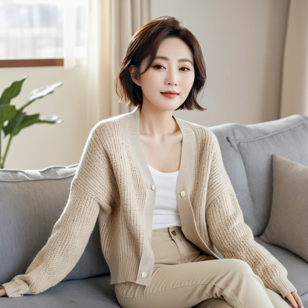 8k best picture quality, Beautiful 36-year-old Korean woman, short medium hair. Chest size 34 inches, Wearing a cardigan and beige jeans. luxury mansion living room, Sitting on the sofa, holding a ceramic coffee cup with both hands, full body shot