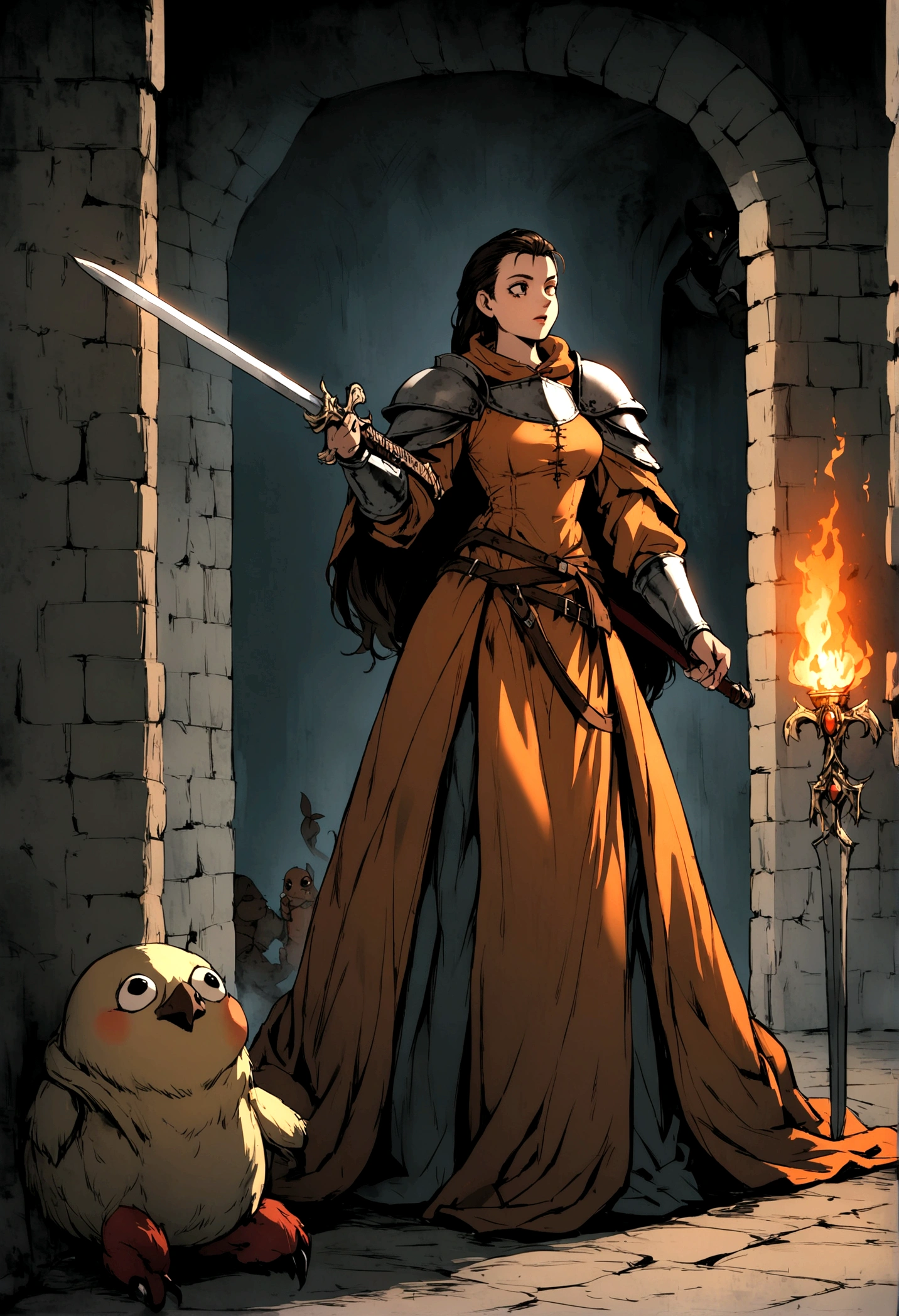 Frank frazzeta, female, knight, dungeon, dark place, torch, sword, creature, scary, medieval