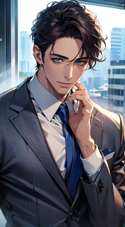 (Highest quality,4K,8K,High resolution,masterpiece:1.2),Super detailed,(Realistic,photoRealistic,photo-Realistic:1.37),1 person,31 years old,Mature Men,Beautiful skin、very handsome,Expressionless,smile,Short dark blue hair,blue eyes,Sharp Eyes,A perfect face without a doubt,Businessman,Office Background,Cinema Lighting,HDR image,tie、