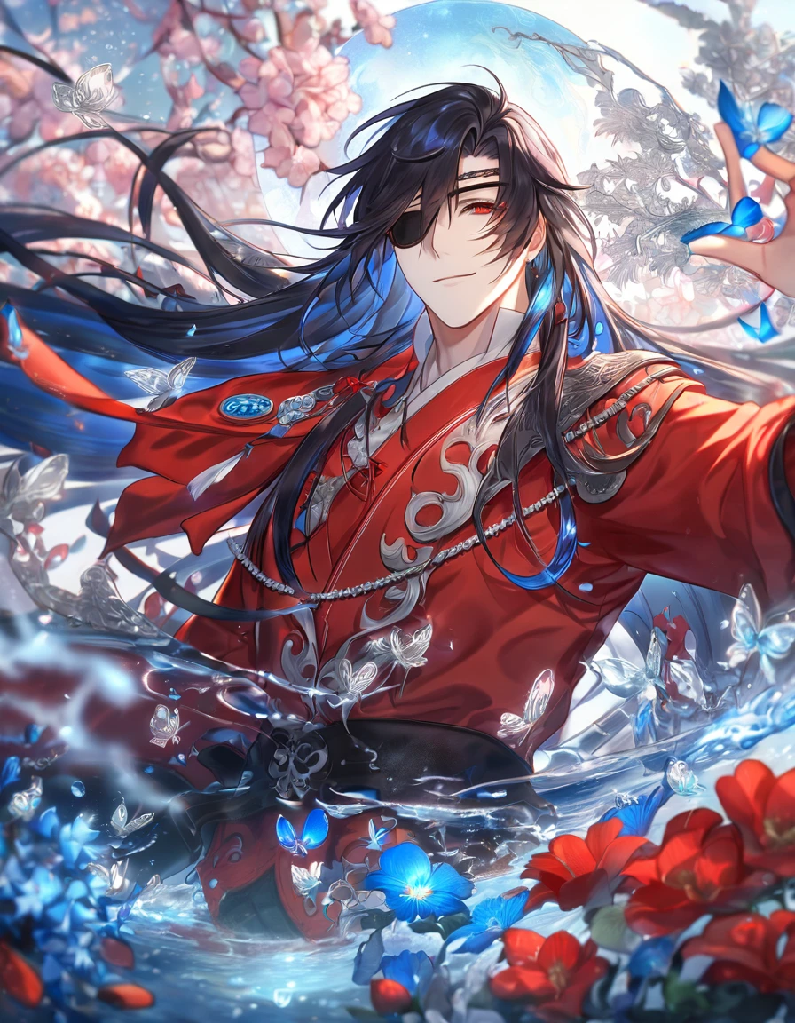absurdres, highres, ultra detailed, HDR, master piece, Hua Cheng, black long hair, expressive red eye, black eye patch on his let eye, Heaven Official's Blessing, sexy man, handsome, best quality, blue moon, flowers, fantasy, magical, solo, water, blue shining fireflies, blue petals, red clothes, handsome smile, silver small butterflies, silver dust