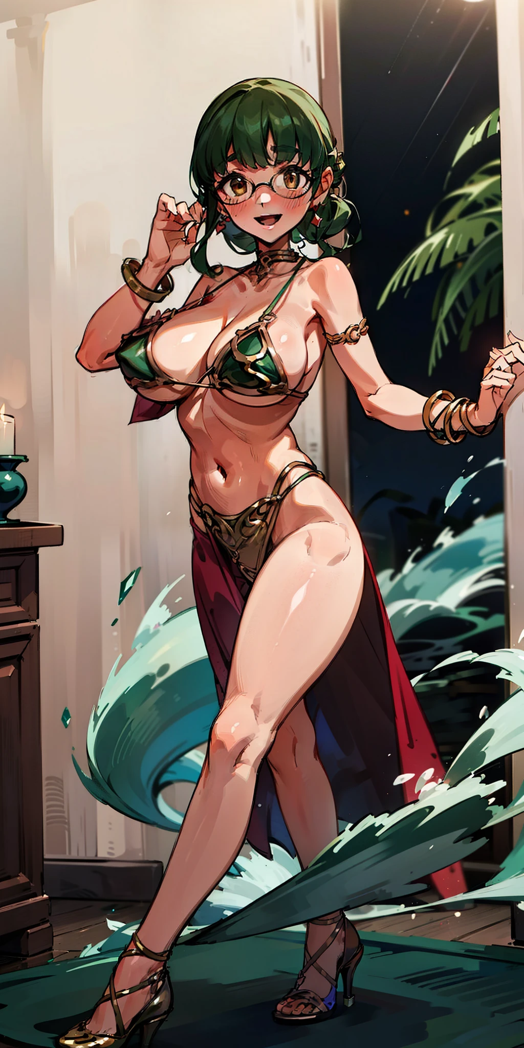 (Masterpiece), Best Quality, ultra-detailed, 1girl ( anosillus II, Slender and sexy body, Big and pretty breasts, dark green hair, long wave hair, brown eyes), a seductive face, smile, open mouth, solo, nose blush, blush, facing viewer, looking at viewer, slavekini, in the livingroom, night time, dance, a elegant dancing, Full-body