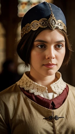 Close up shot , looking at viewer, 12 century, Medieval Scottish women's clothing, Scottish girl, 18 age old, (light Gold hair, middle hair , wince, Blue eyes, beautiful lip, serious), gold crescent earrings, gold neckless, (big breasts, slender whist, wide hip, real public hair, corrected pussy and anal) , textured skin , HI detailed skin, (foreshortening, Canon, 8k, anatomically correct, super detail, high details, highness,