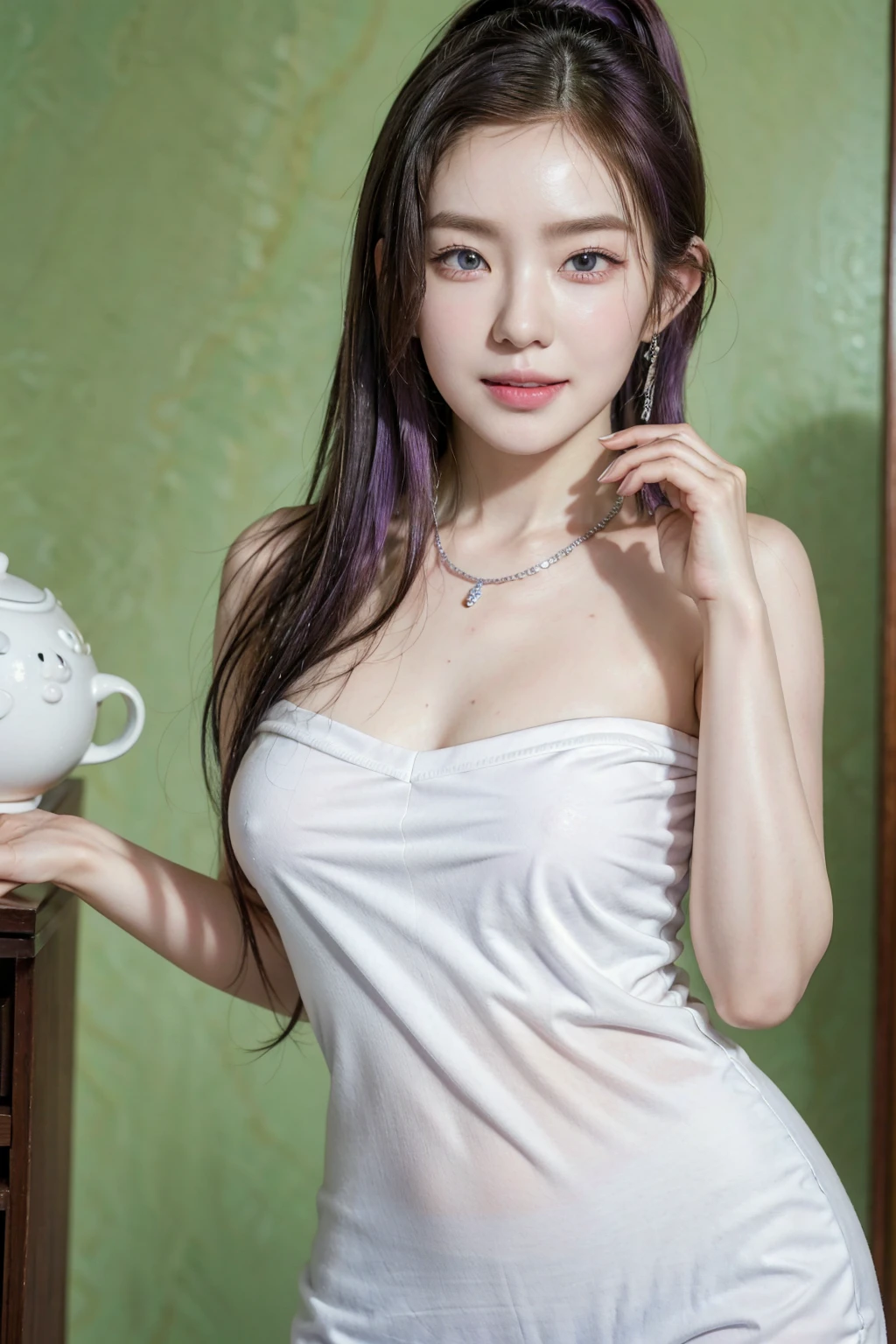 (Finest quality)),(A high resolution),(ultra-detailed art),(Meticulous portrayal),((Best Anime)),(Finest works of art),sharpness,Clear,Ultra-Precision Art,The art of astounding depiction,(masterpiece), high quality, stable diffusion,
short Hair, short ponytail, purple hair, vibrant purple hair, extremely detailed hair, detailed bangs, violet hair,
beautiful lips, soft lips,detailed lips,
pretty face, close up face, gorgeous beauty,
green eyes,pretty eyes, beautiful eyes, sparkling eyes, detailed eyes, sharp eyes, perfect eyes, sharp green eyes,
pretty nose, beautiful nose, perfect nose,detailed nose,
serious face, looking at the camera,
happy, jolly, smiling, seductive, blushing, bukake, happy face, jolly face, excited face, flawless white skin,
wearing silver rings, wearing a silver necklace, wearing silver earings, belly button piercing, silver bracelet,
clear skin,white skin, soft skin,
small bust, small breasts, smooth skin,
beautiful girl irene, red velvet irene, pointy chest,
japanese traditional clothing, white mini yukata dress, white dress, white sando, white turtle neck, wearing eyeglasses, plain white shorts,
perfect standing female body,
perfect hands, perfect arms, detailed hands, detailed arms,
sexy body, thicc thighs,
standing
focus on thighs, hands on hips pose,
show tongue, sexy tongue, drooling,
show whole body, fully body woman,
pretty woman,sweaty face, sexy, seductive, horny,
sweaty body, sweaty clothes, wet clothes,
slimy hair, slimy wet body, slimy body,
body details,
full body image from head to toe, raised arms, hands up,
show detailed legs, horny female,
wet body, show feet,
show full body from head to toe,
japanese temple background with blue skies and surreal clouds,