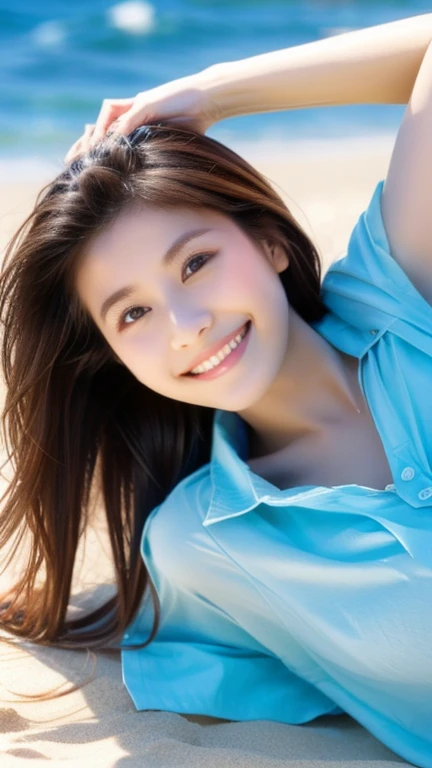 Highest quality、Japanese women、The most beautiful woman in the world、sexy、Brown Hair、Long Hair Style、Small face、Beautiful skin、Ocean、beach、Large breasts、Blue Shirt、A big smile、Lying down