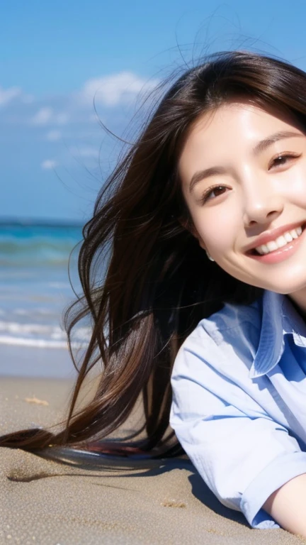 Highest quality、Japanese women、The most beautiful woman in the world、sexy、Brown Hair、Long Hair Style、Small face、Beautiful skin、Ocean、beach、Large breasts、Blue Shirt、A big smile、Lying down